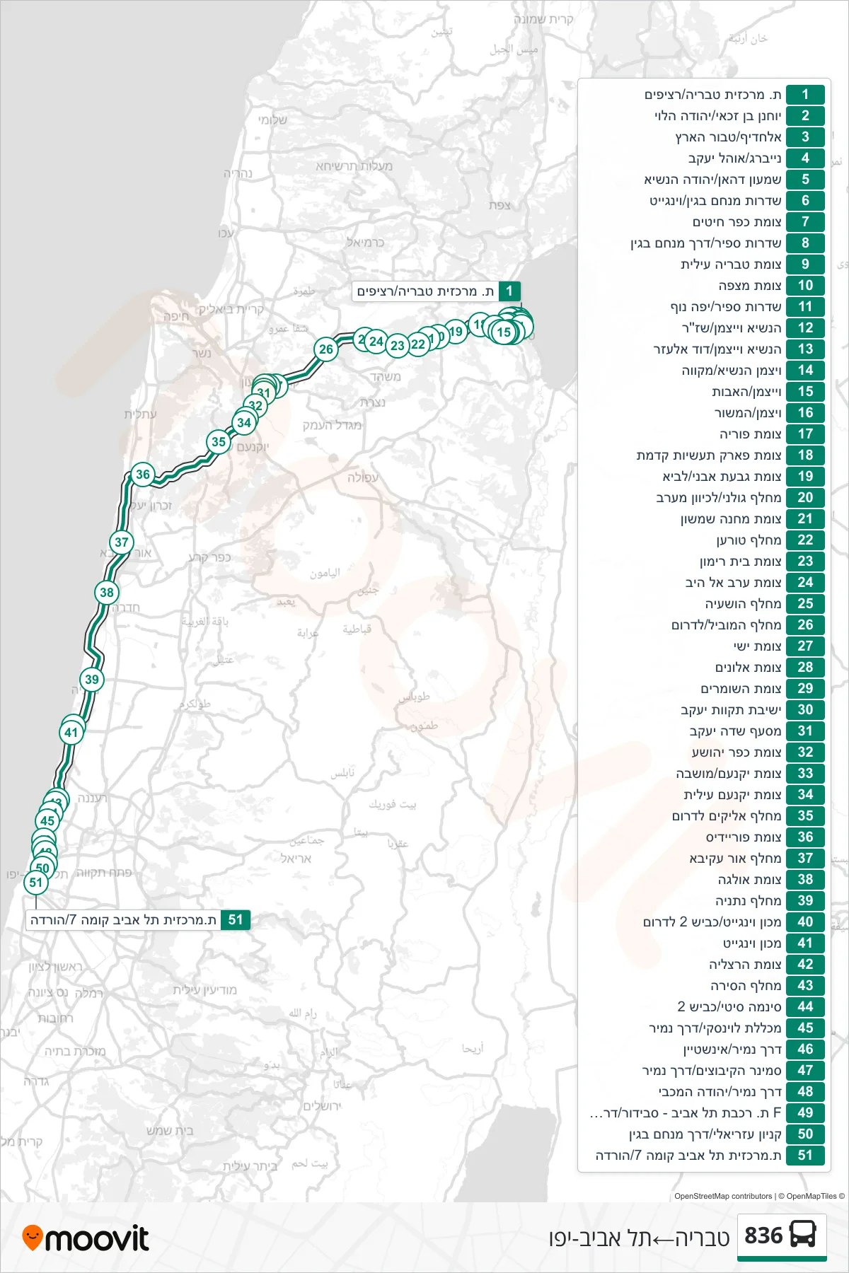 836 bus Line (Tiberias‎→Tel Aviv-Yafo) route and stops on a map