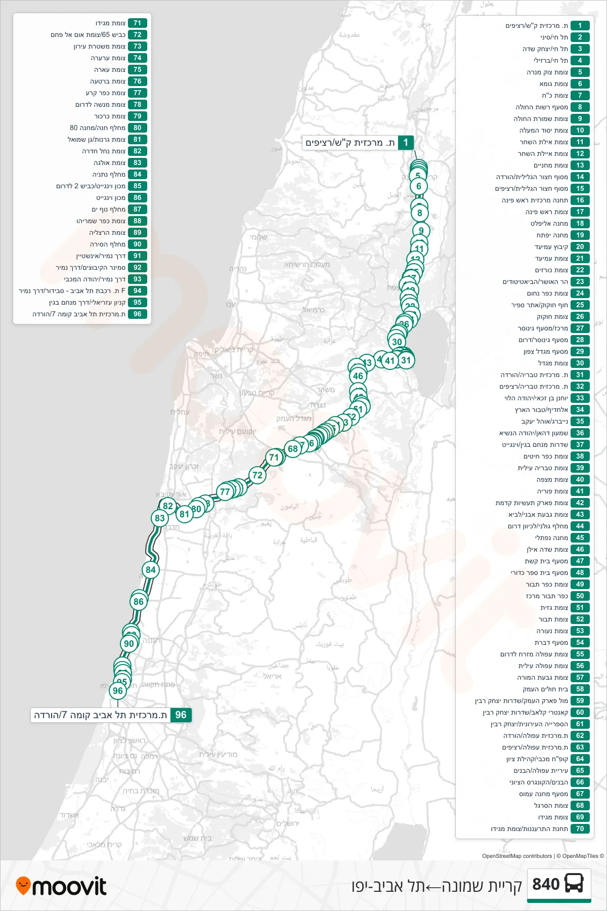 840 bus Line (Kiryat Shmona‎→Tel Aviv-Yafo) route and stops on a map