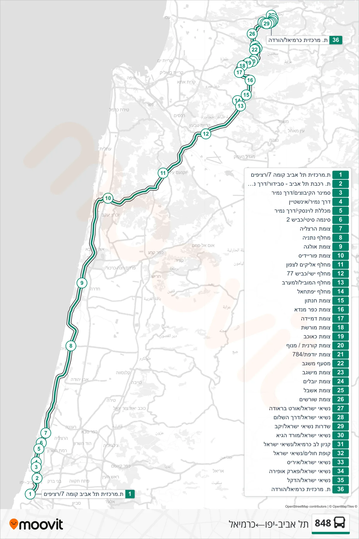 848 bus Line (Tel Aviv-Yafo‎→Carmiel) route and stops on a map