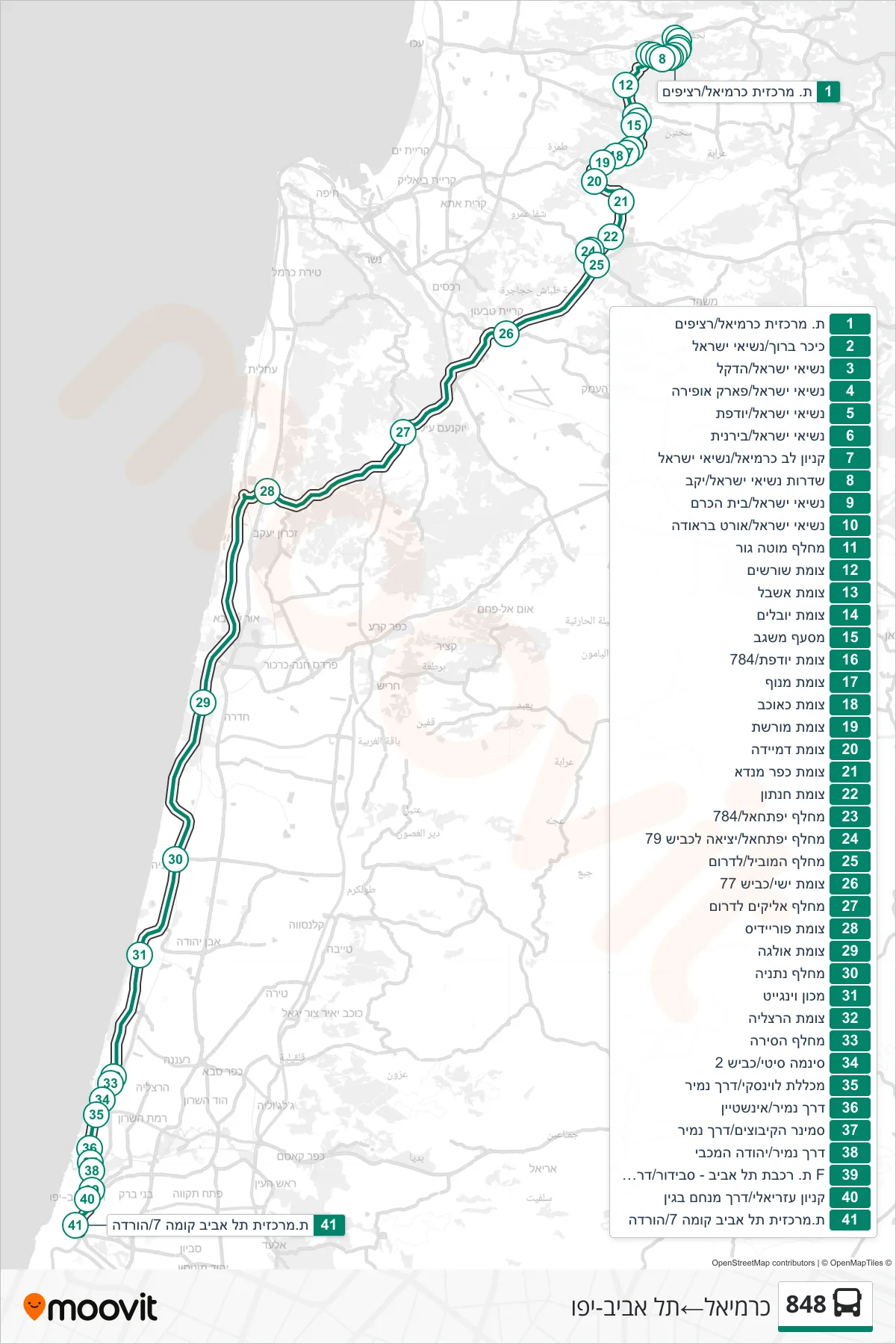 848 bus Line (Carmiel‎→Tel Aviv-Yafo) route and stops on a map