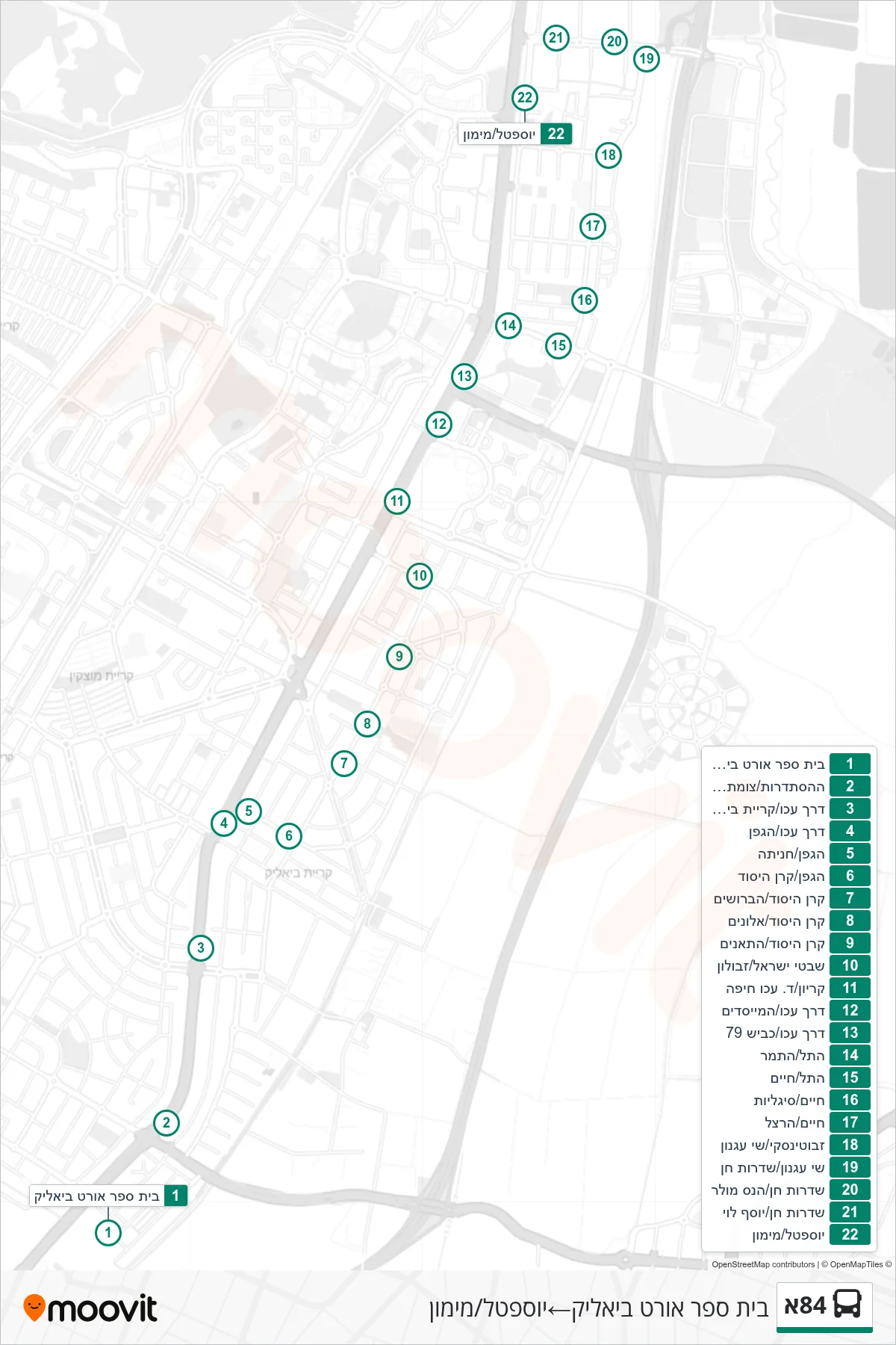 84A bus Line (Ort Bialik School‎→Yoseftal/Maimon) route and stops on a map