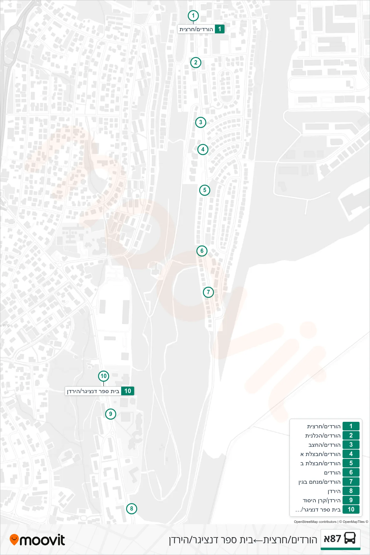 87A bus Line (HaVradim/Hartzit‎→Danziger School/HaYarden) route and stops on a map