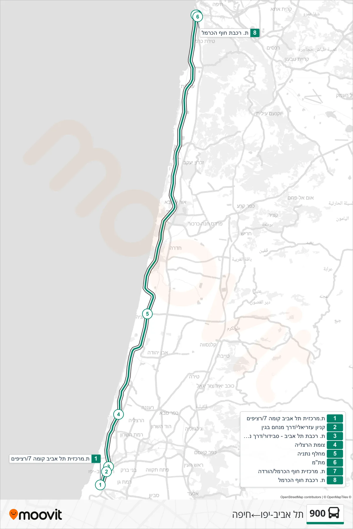 900 bus Line (Tel Aviv-Yafo‎→Haifa) route and stops on a map