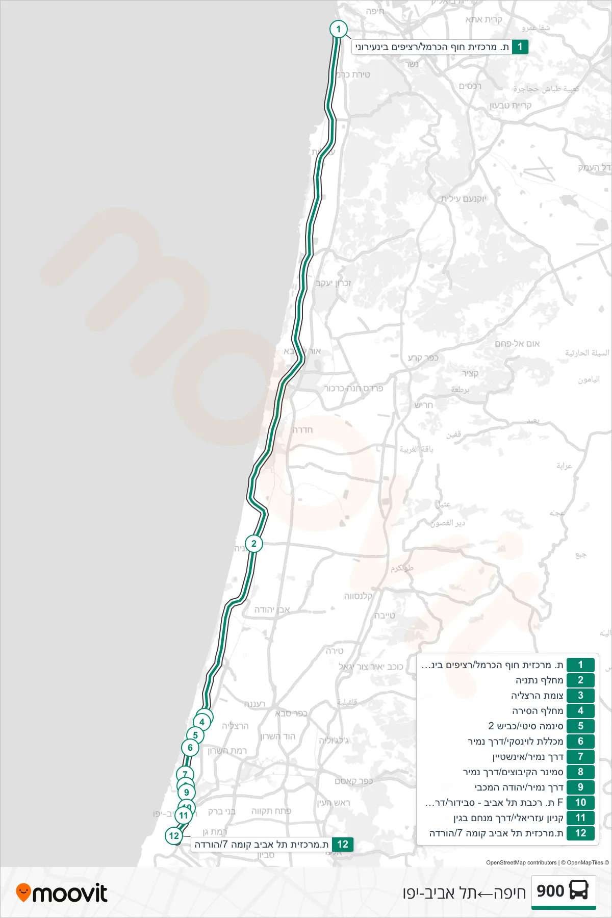 900  Line (Haifa‎→Tel Aviv-Yafo) route and stops on a map