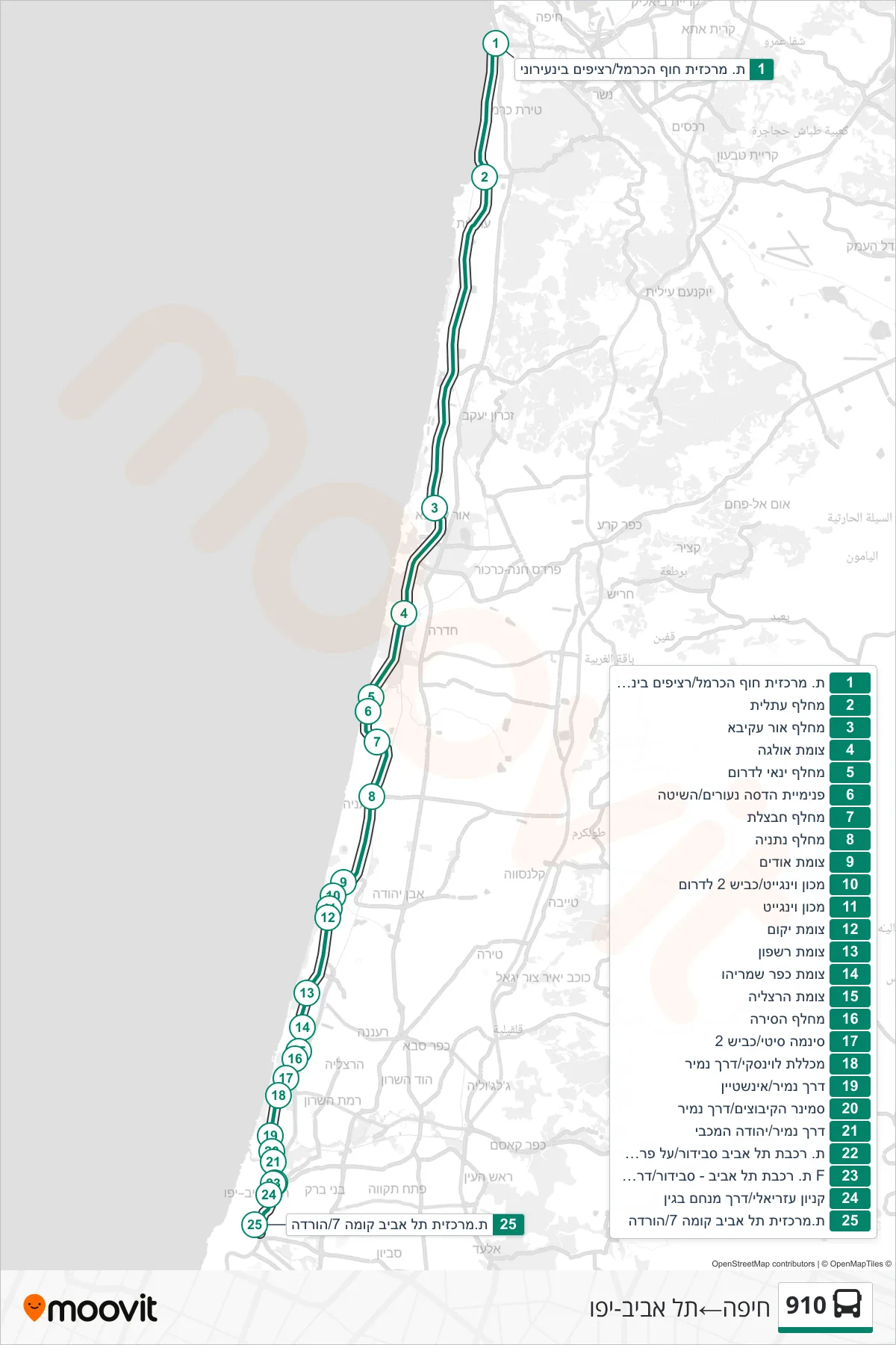 910 bus Line (Haifa‎→Tel Aviv-Yafo) route and stops on a map