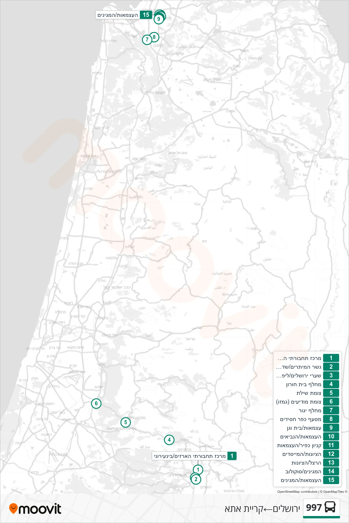 997 bus Line (Jerusalem‎→Kiryat Ata) route and stops on a map