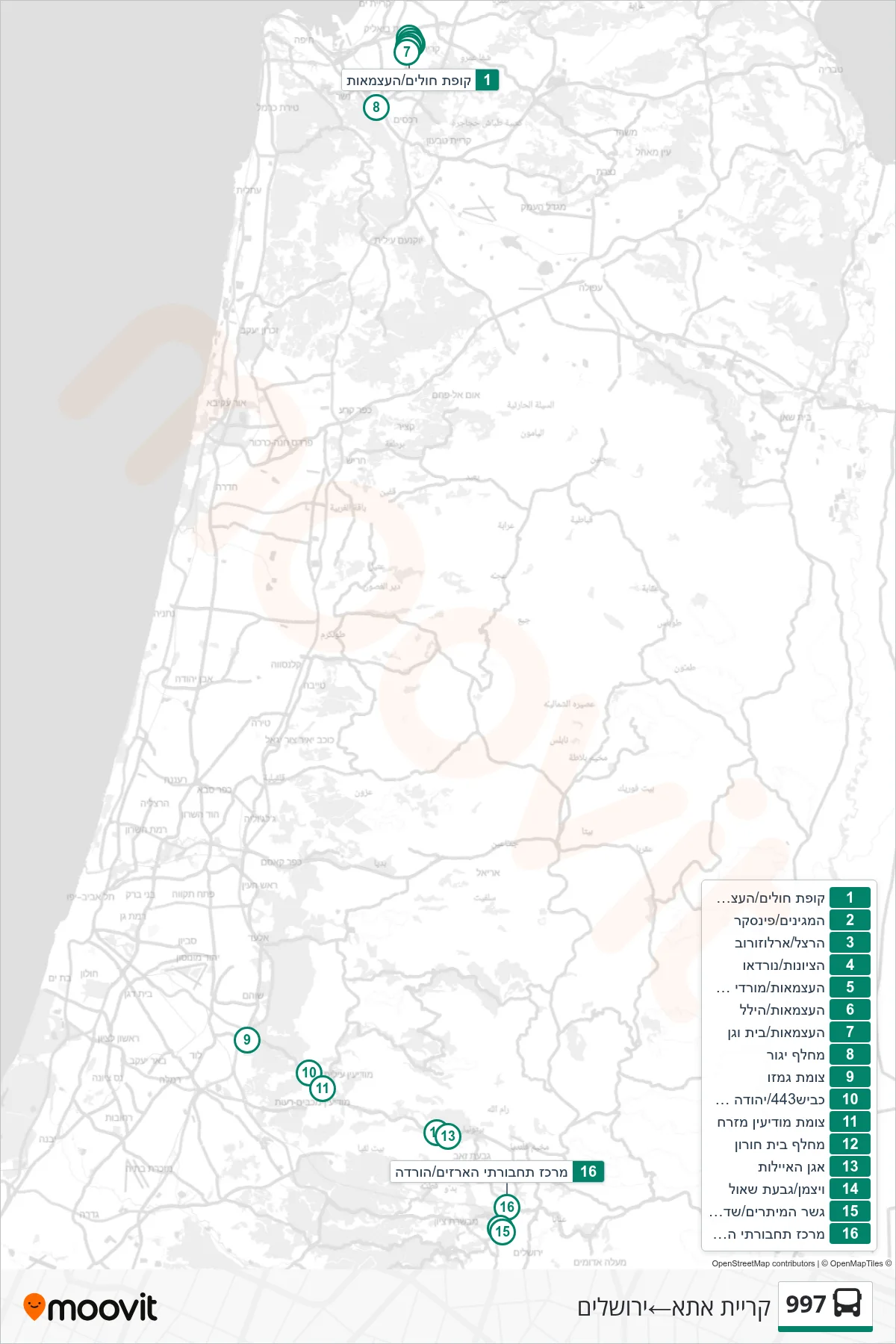 997 bus Line (Kiryat Ata‎→Jerusalem) route and stops on a map