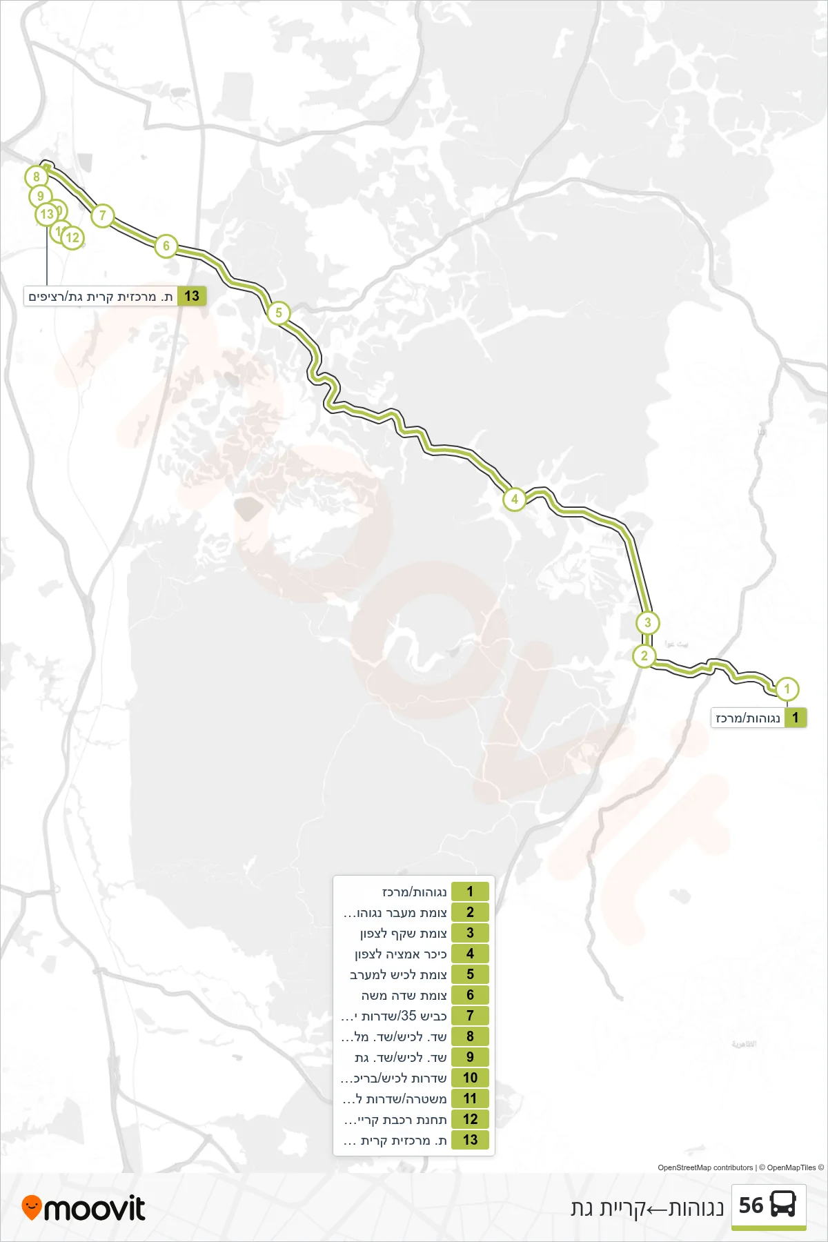 56 bus Line (Negohot‎→Kiryat Gat) route and stops on a map