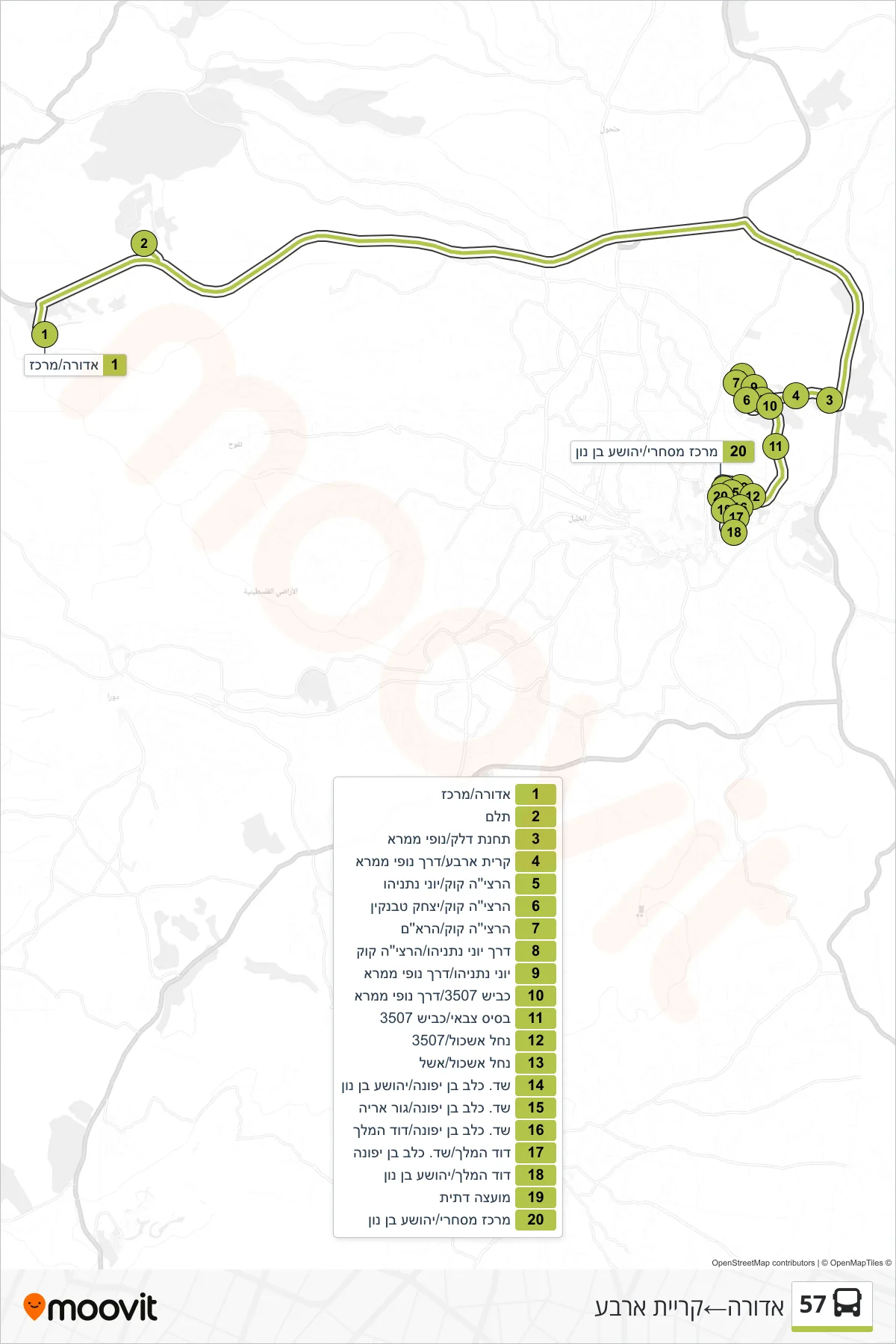 57  Line (Adora‎→Kiryat Arba) route and stops on a map