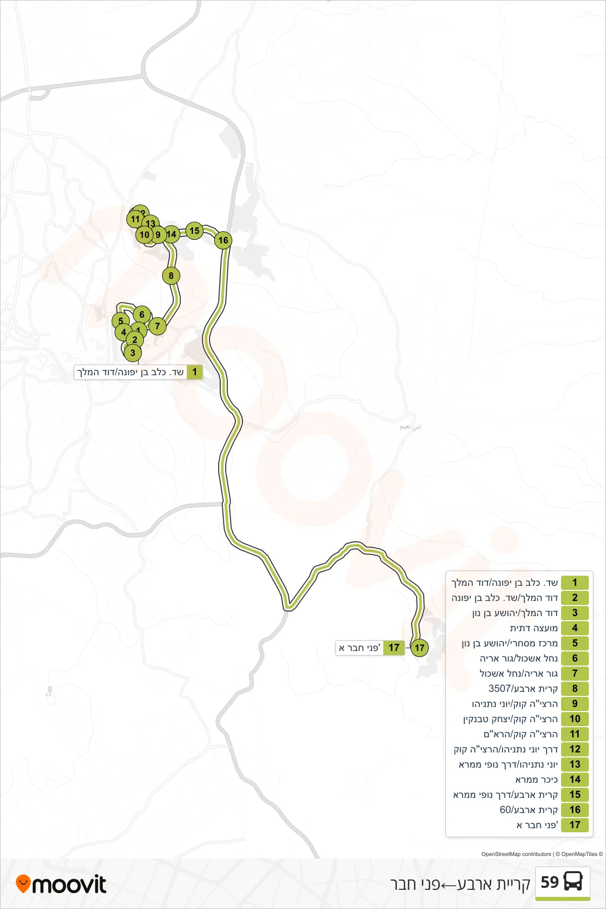 59  Line (Kiryat Arba‎→Pnei Hever) route and stops on a map