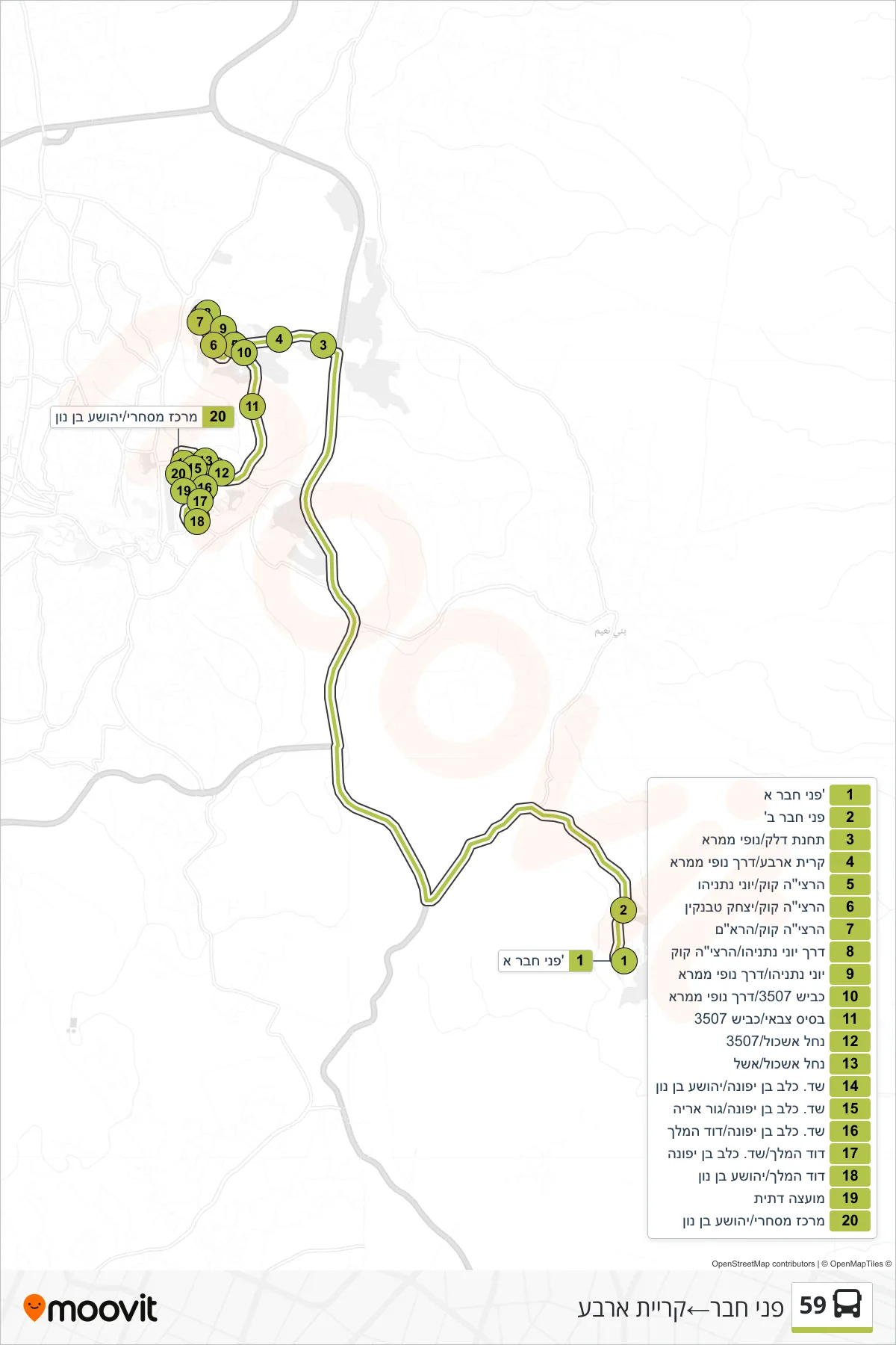59 bus Line (Pnei Hever‎→Kiryat Arba) route and stops on a map