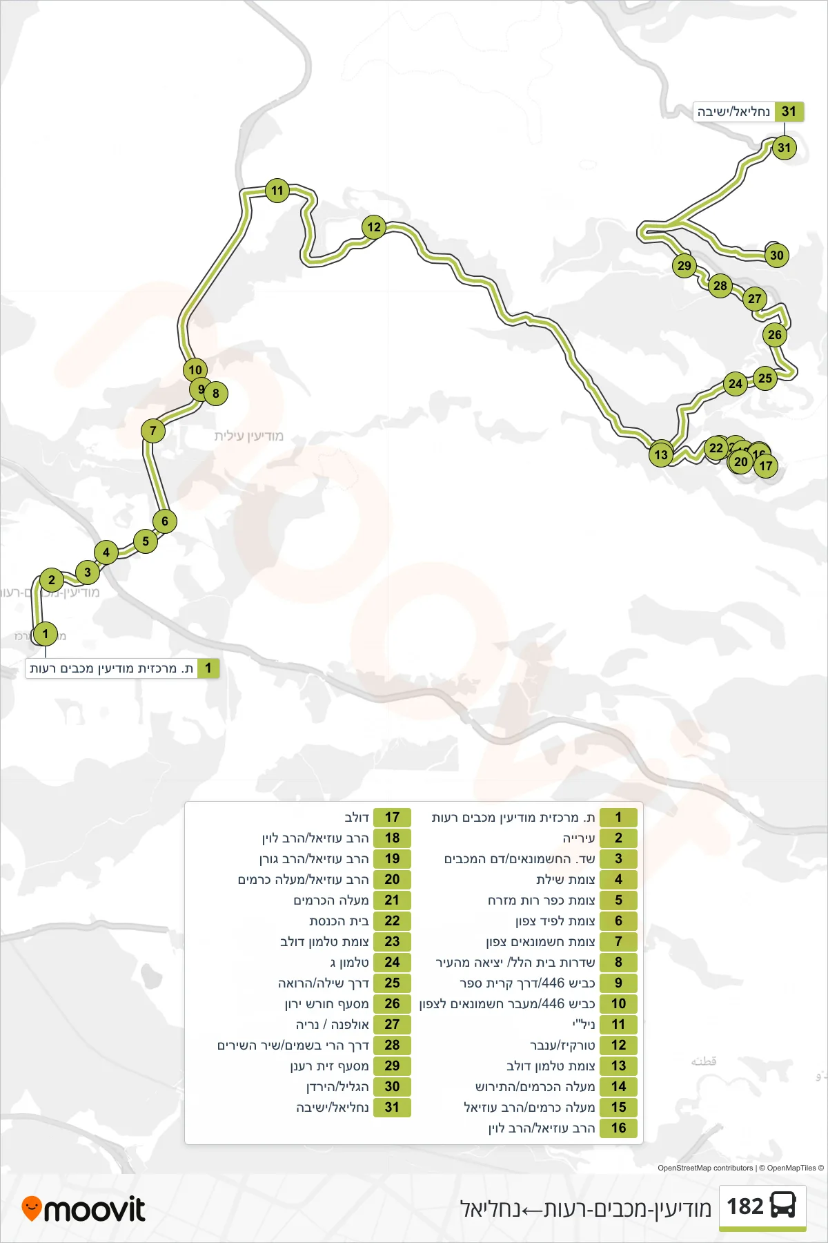 182 bus Line (Modi'in-Maccabim-Re'ut‎→Nahaliel) route and stops on a map