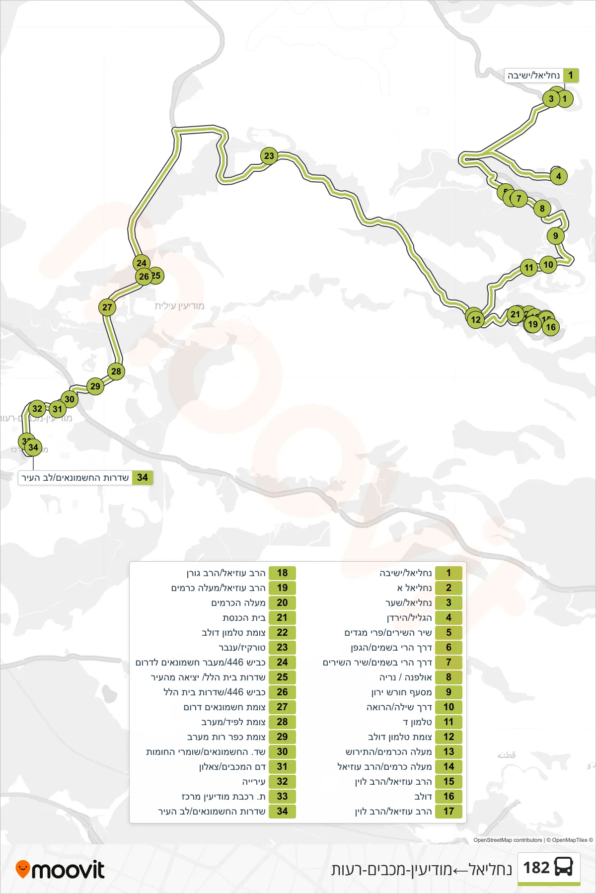 182 bus Line (Nahaliel‎→Modi'in-Maccabim-Re'ut) route and stops on a map