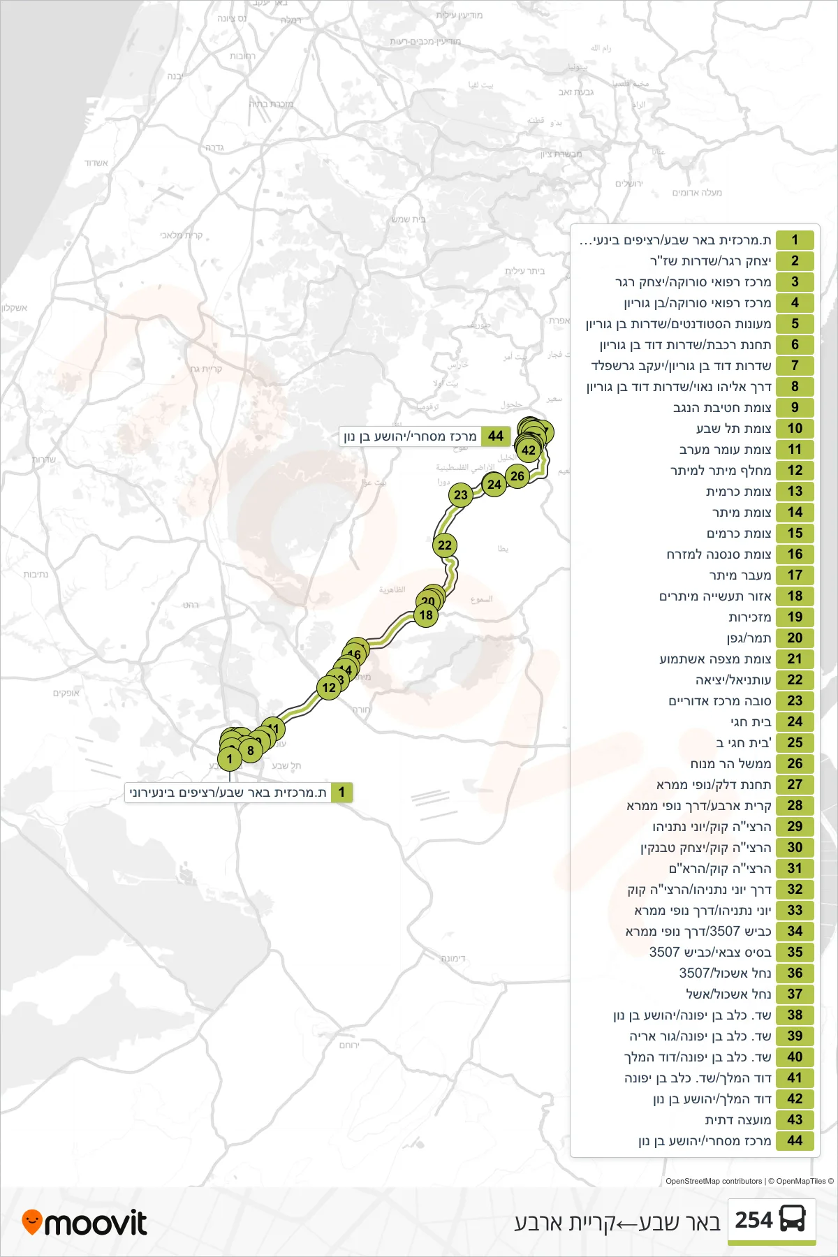 254 bus Line (Beer Sheva‎→Kiryat Arba) route and stops on a map