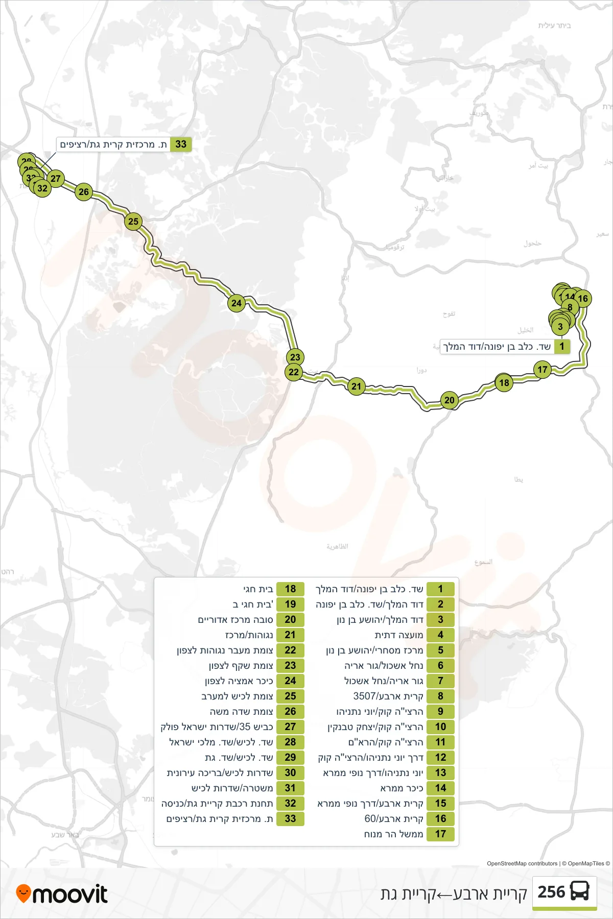 256 bus Line (Kiryat Arba‎→Kiryat Gat) route and stops on a map