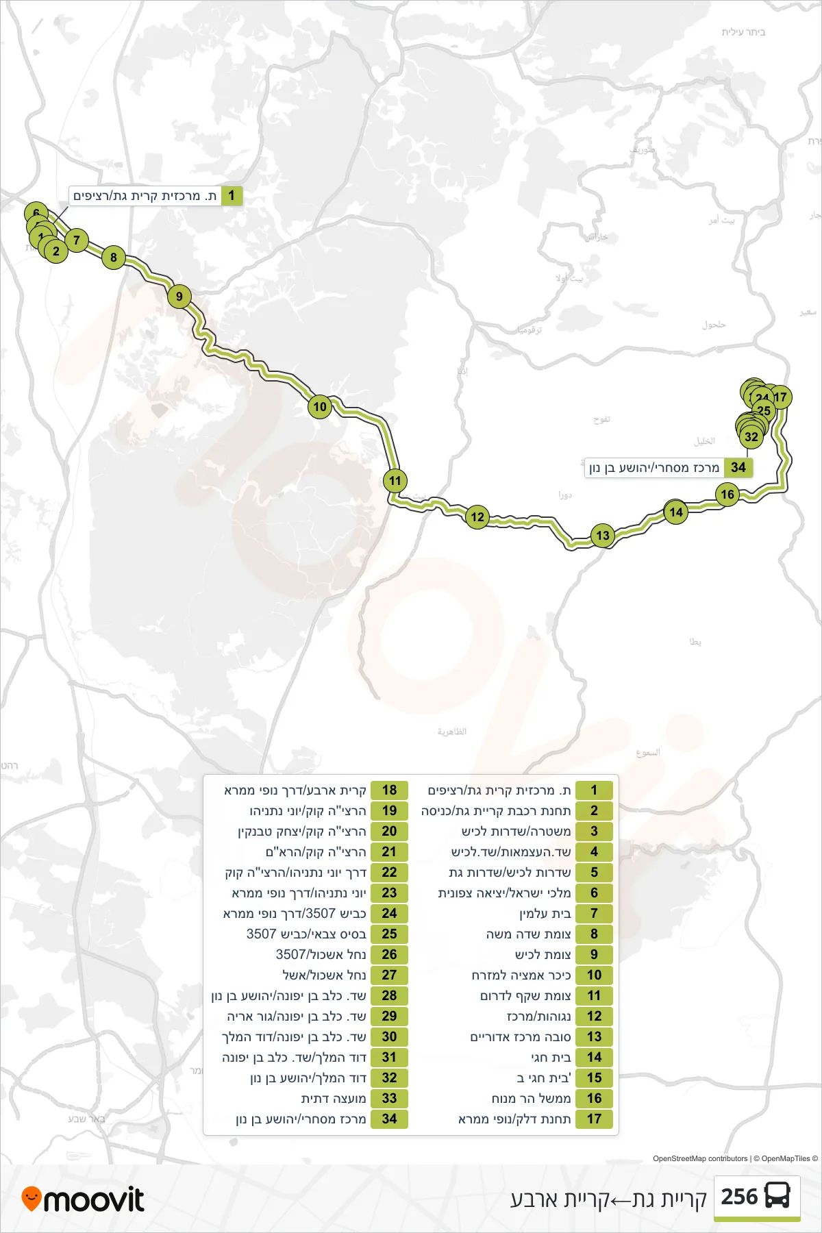 256 bus Line (Kiryat Gat‎→Kiryat Arba) route and stops on a map