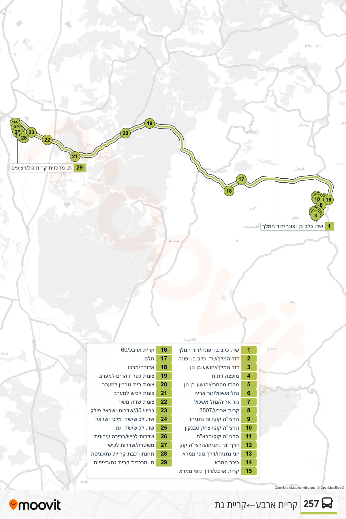 257  Line (Kiryat Arba‎→Kiryat Gat) route and stops on a map