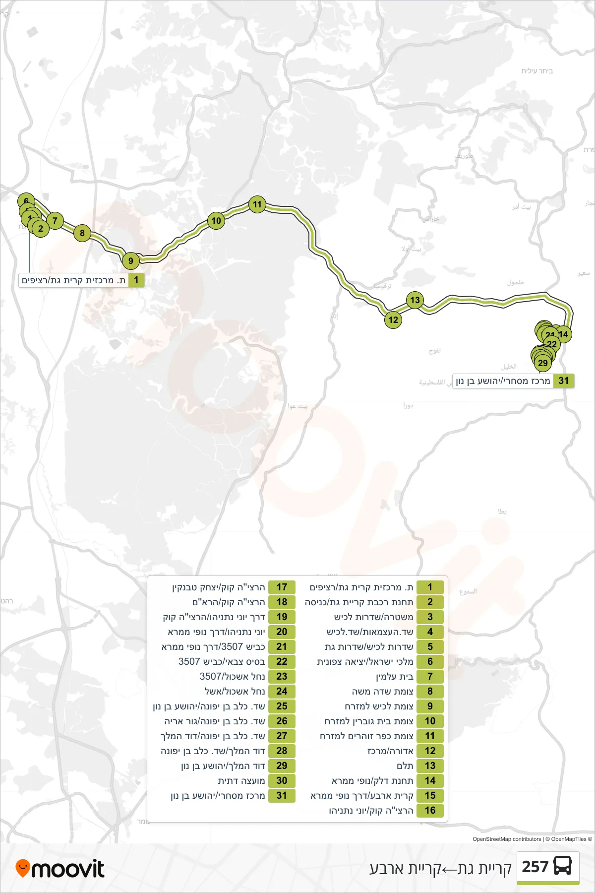 257 bus Line (Kiryat Gat‎→Kiryat Arba) route and stops on a map