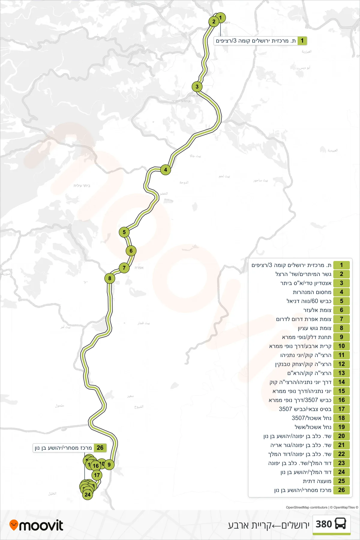 380 bus Line (Jerusalem‎→Kiryat Arba) route and stops on a map