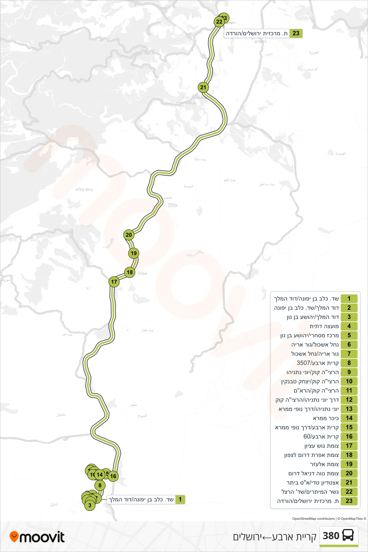 380 bus Line (Kiryat Arba→Jerusalem) route and stops on a map