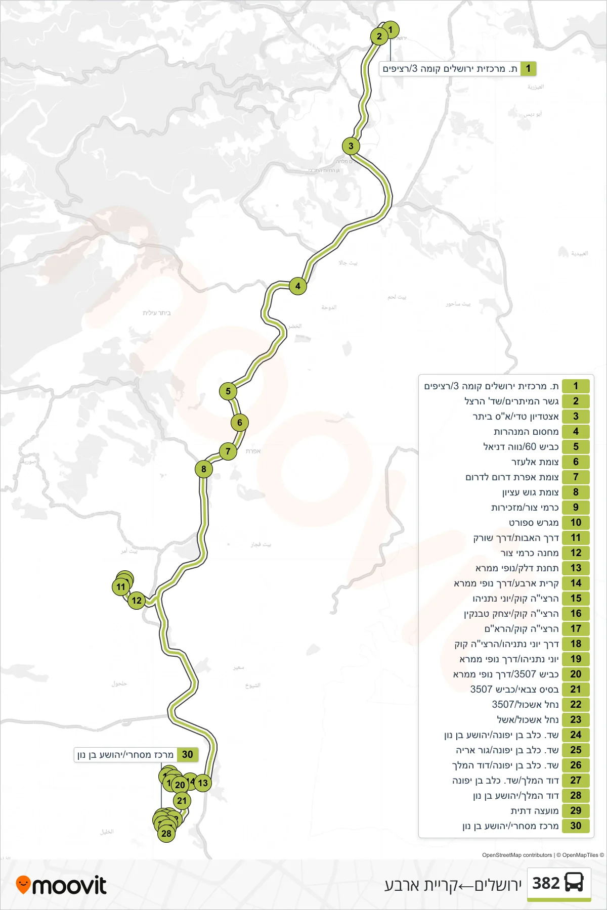 382 bus Line (Jerusalem‎→Kiryat Arba) route and stops on a map