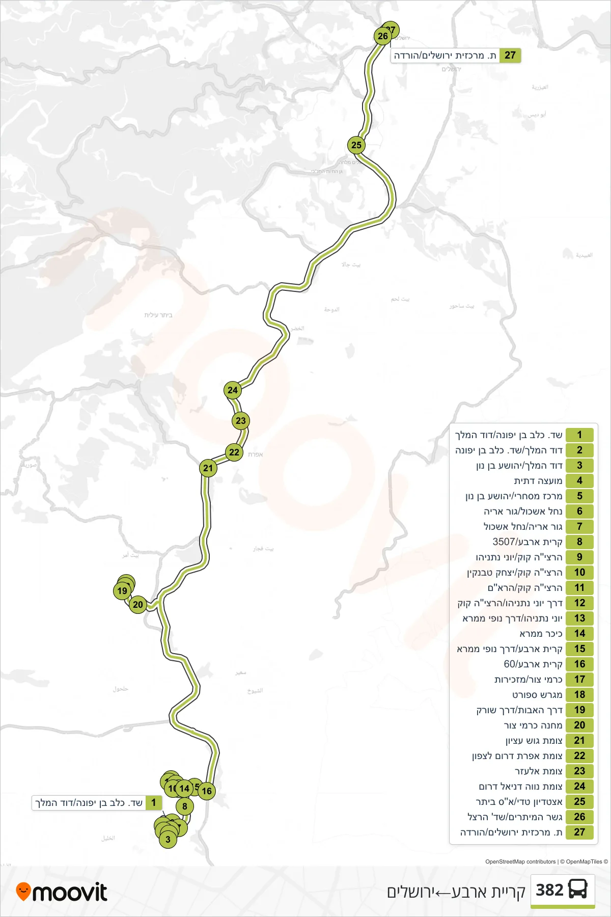 382  Line (Kiryat Arba‎→Jerusalem) route and stops on a map