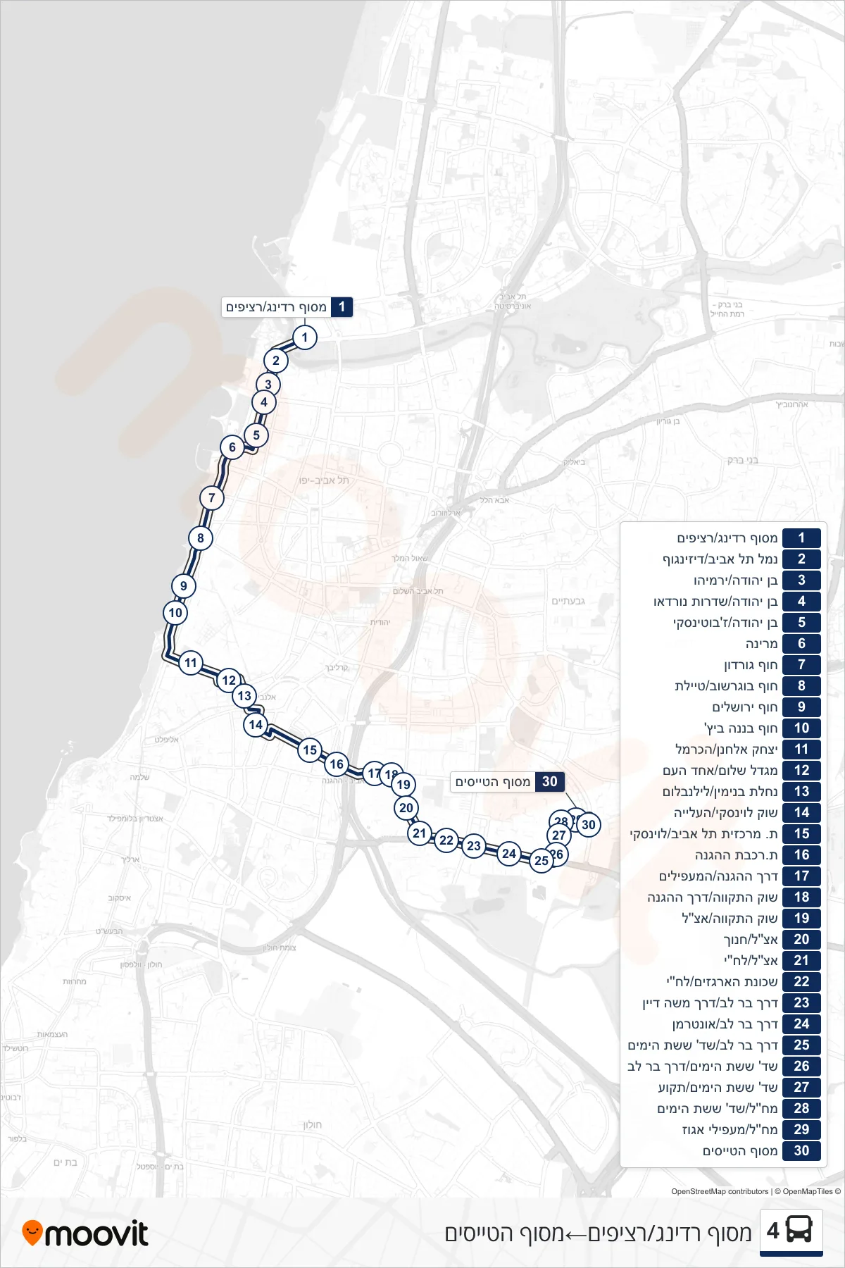 4 bus Line (Reading Terminal/Platforms‎→Pilots Terminal) route and stops on a map