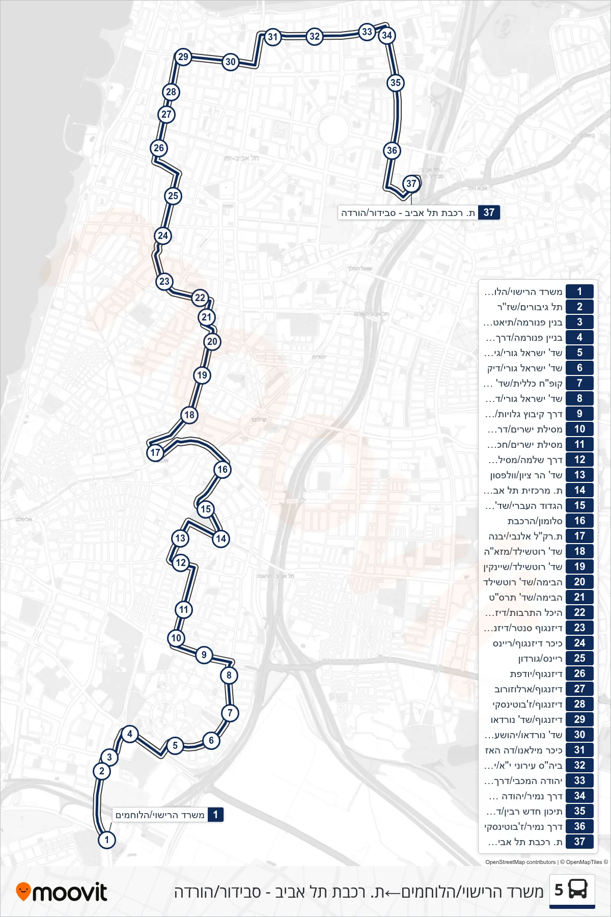 5 bus Line (Vehicle Licensing Office/HaLochamim‎→Tel Aviv - Savidor Train Station/Drop Off) route and stops on a map