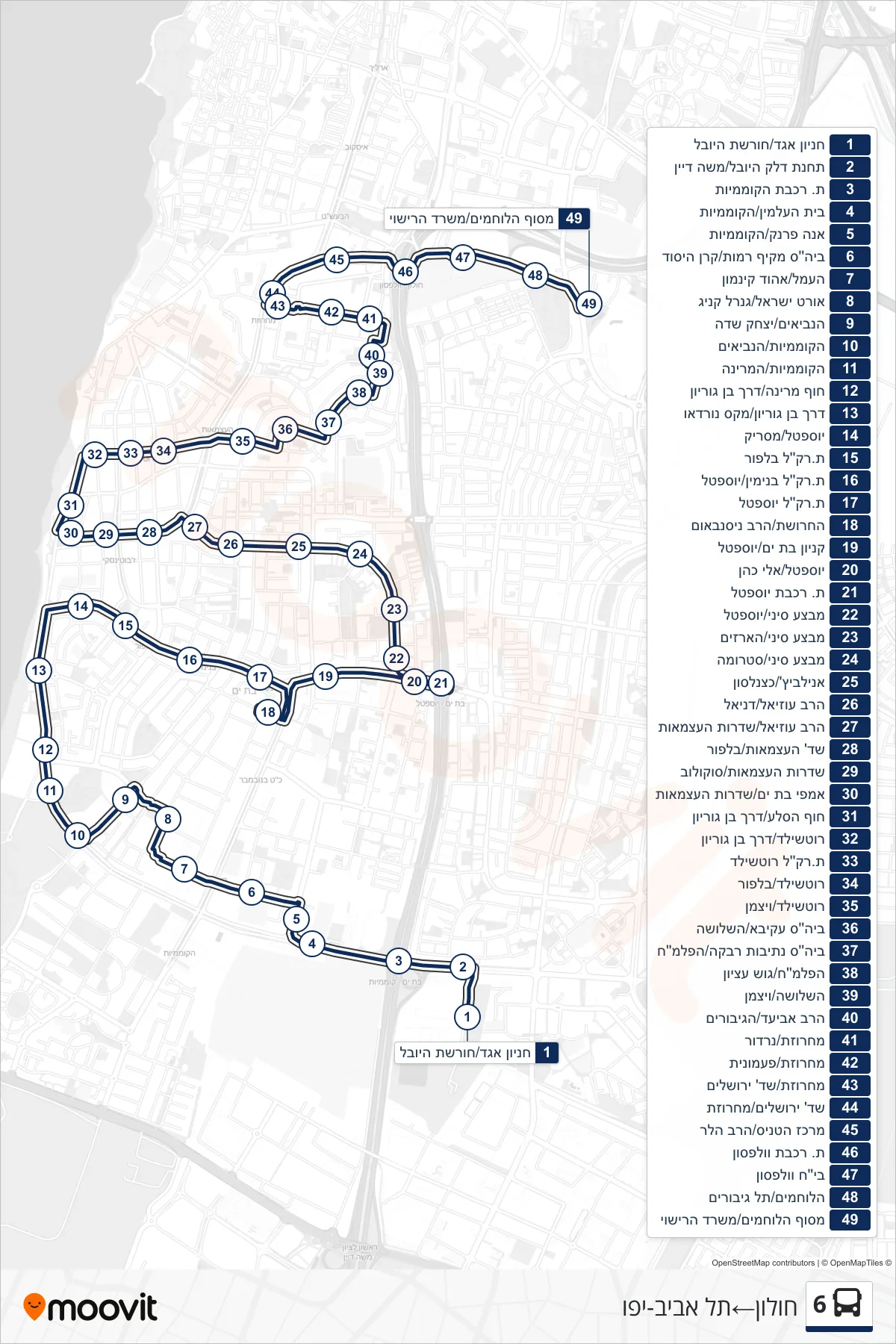 6 bus Line (Holon‎→Tel Aviv-Yafo) route and stops on a map