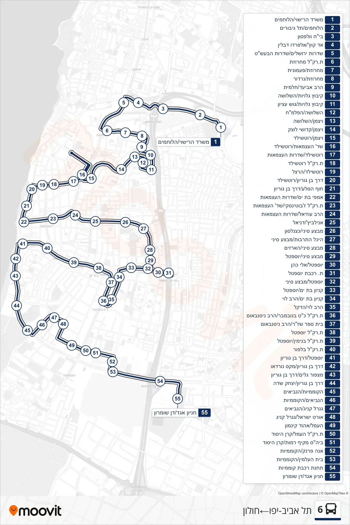 6 bus Line (Tel Aviv-Yafo‎→Holon) route and stops on a map