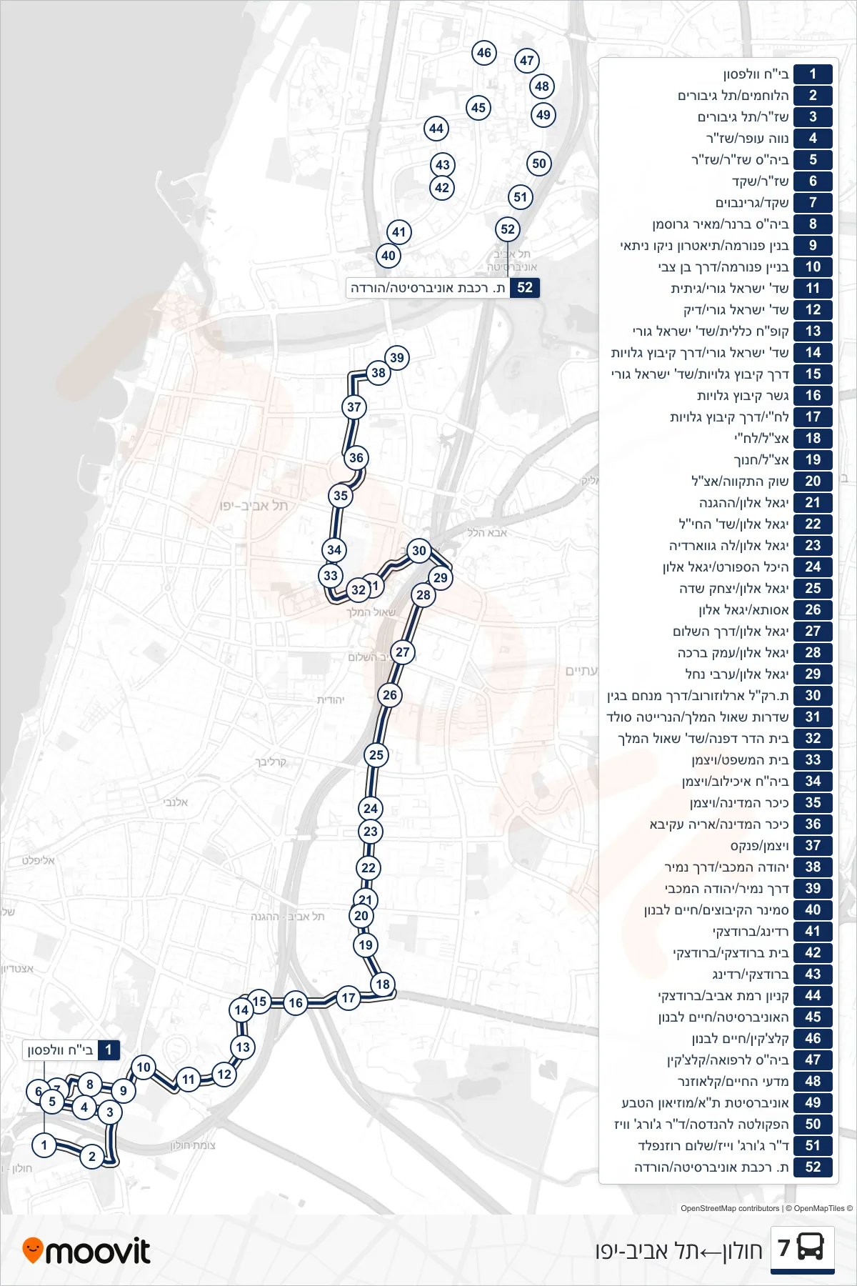 7 bus Line (Holon‎→Tel Aviv-Yafo) route and stops on a map
