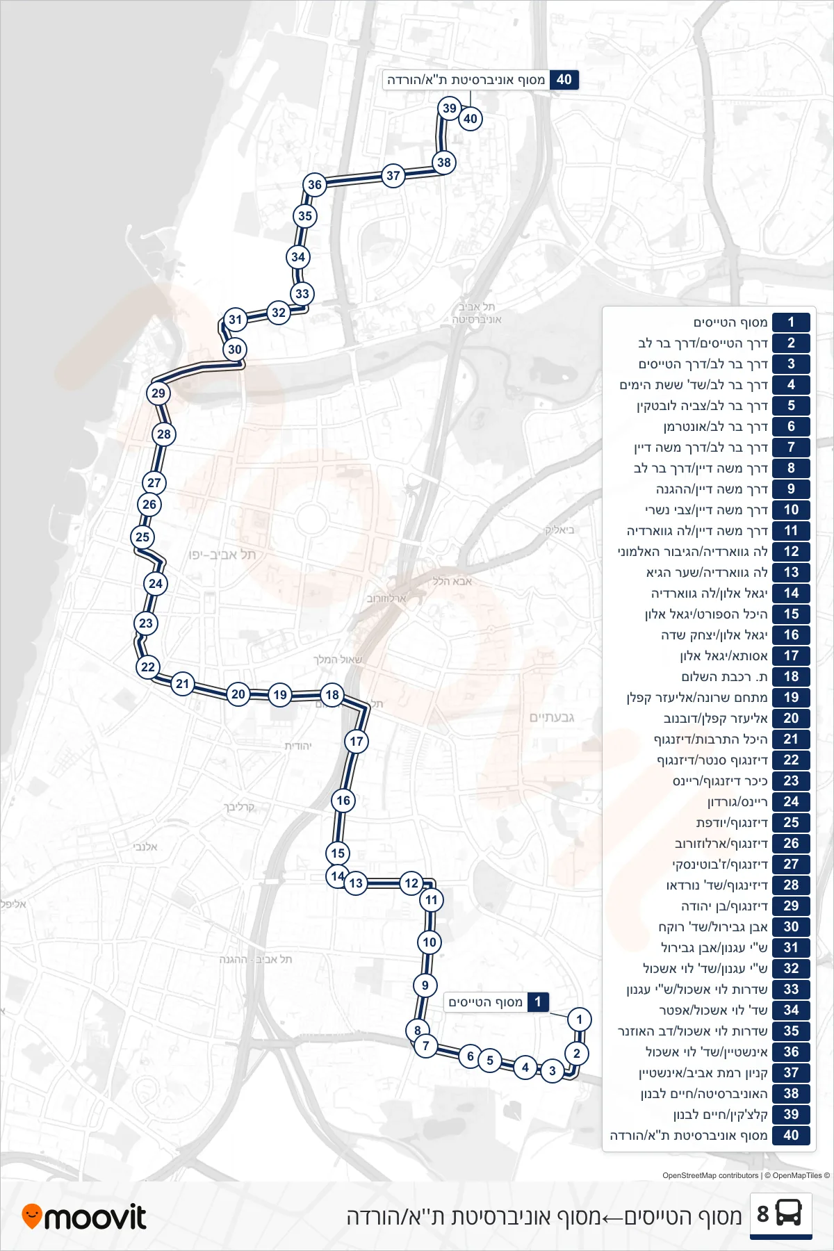 8 bus Line (Pilots Terminal‎→Tel Aviv University Terminal/Drop-off) route and stops on a map