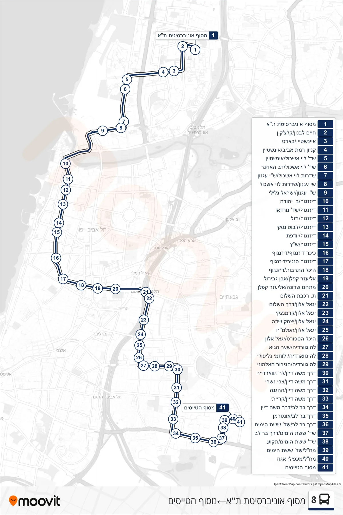 8 bus Line (Tel Aviv University Terminal‎→Pilots Terminal) route and stops on a map