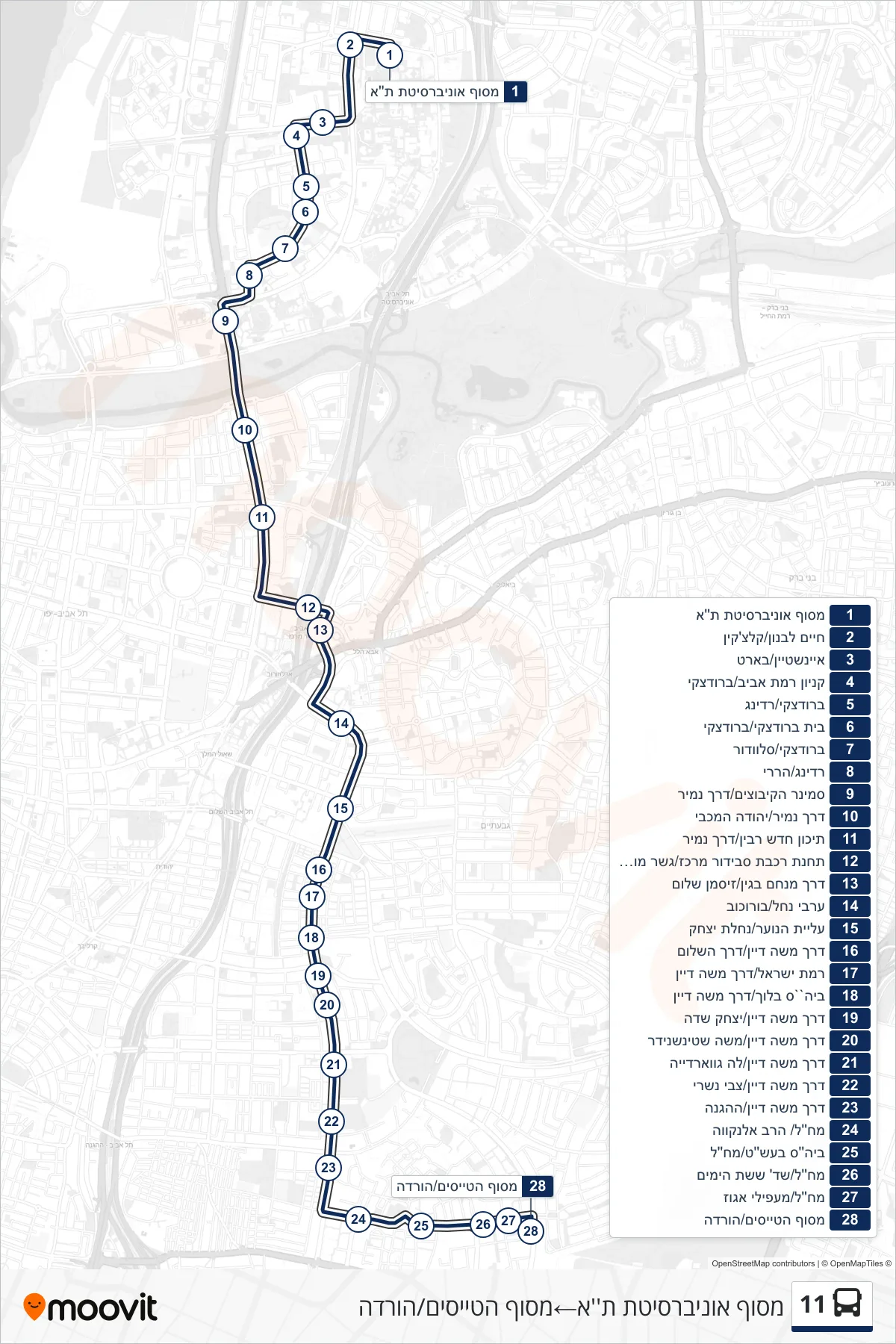 11 bus Line (Tel Aviv University Terminal‎→מסוף הטייסים/הורדה) route and stops on a map