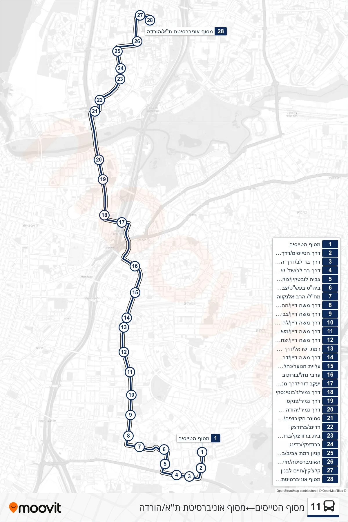 11 bus Line (Pilots Terminal‎→Tel Aviv University Terminal/Drop-off) route and stops on a map