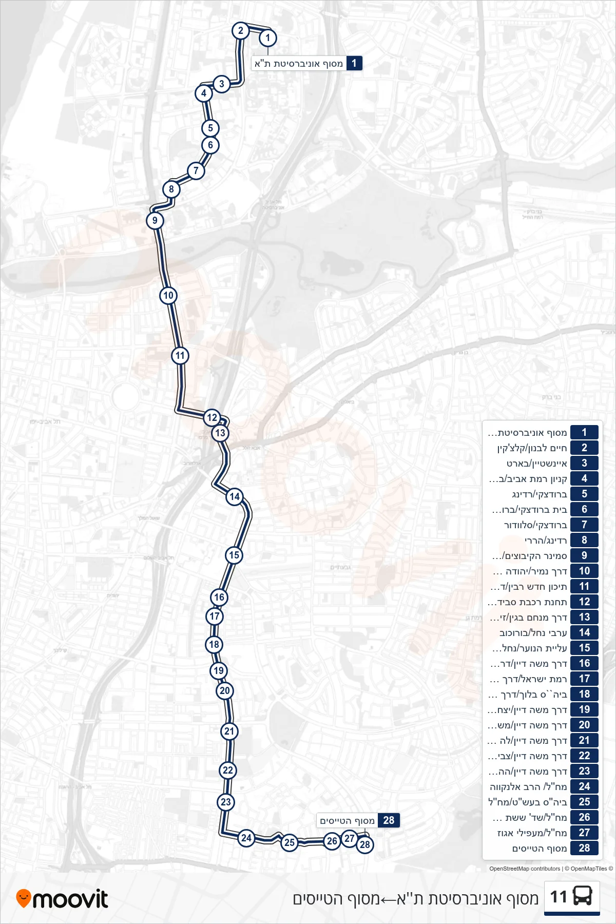 11 bus Line (Tel Aviv University Terminal‎→Pilots Terminal) route and stops on a map