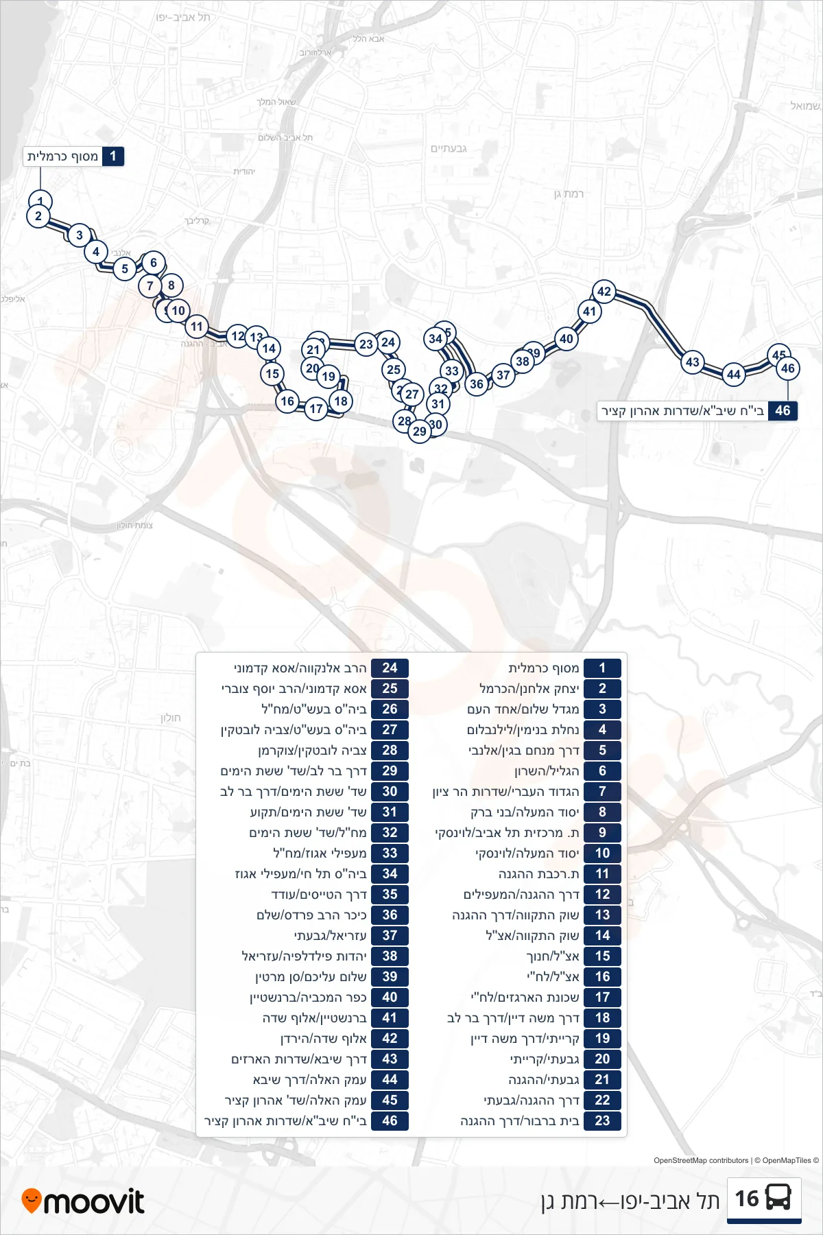 16  Line (Tel Aviv-Yafo‎→Ramat Gan) route and stops on a map