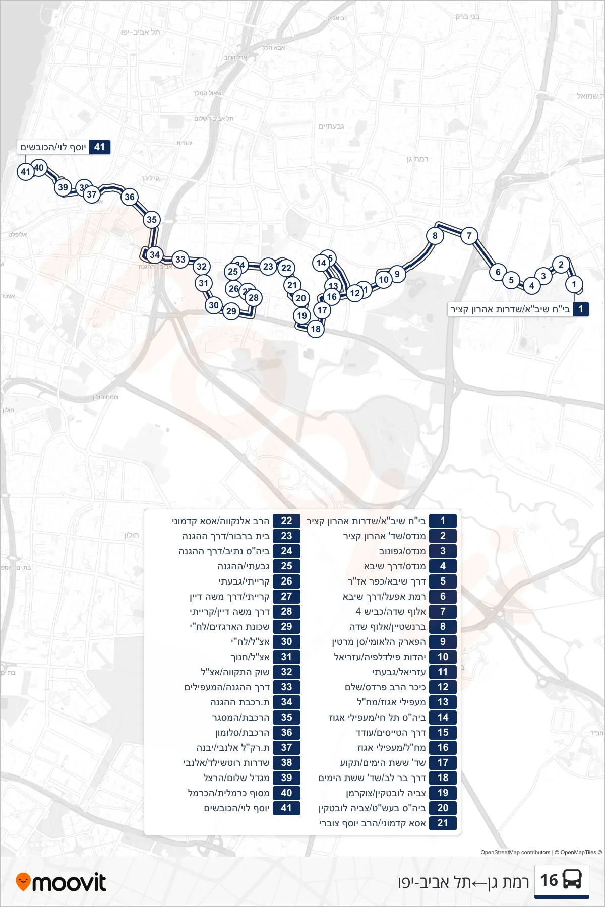 16 bus Line (Ramat Gan‎→Tel Aviv-Yafo) route and stops on a map