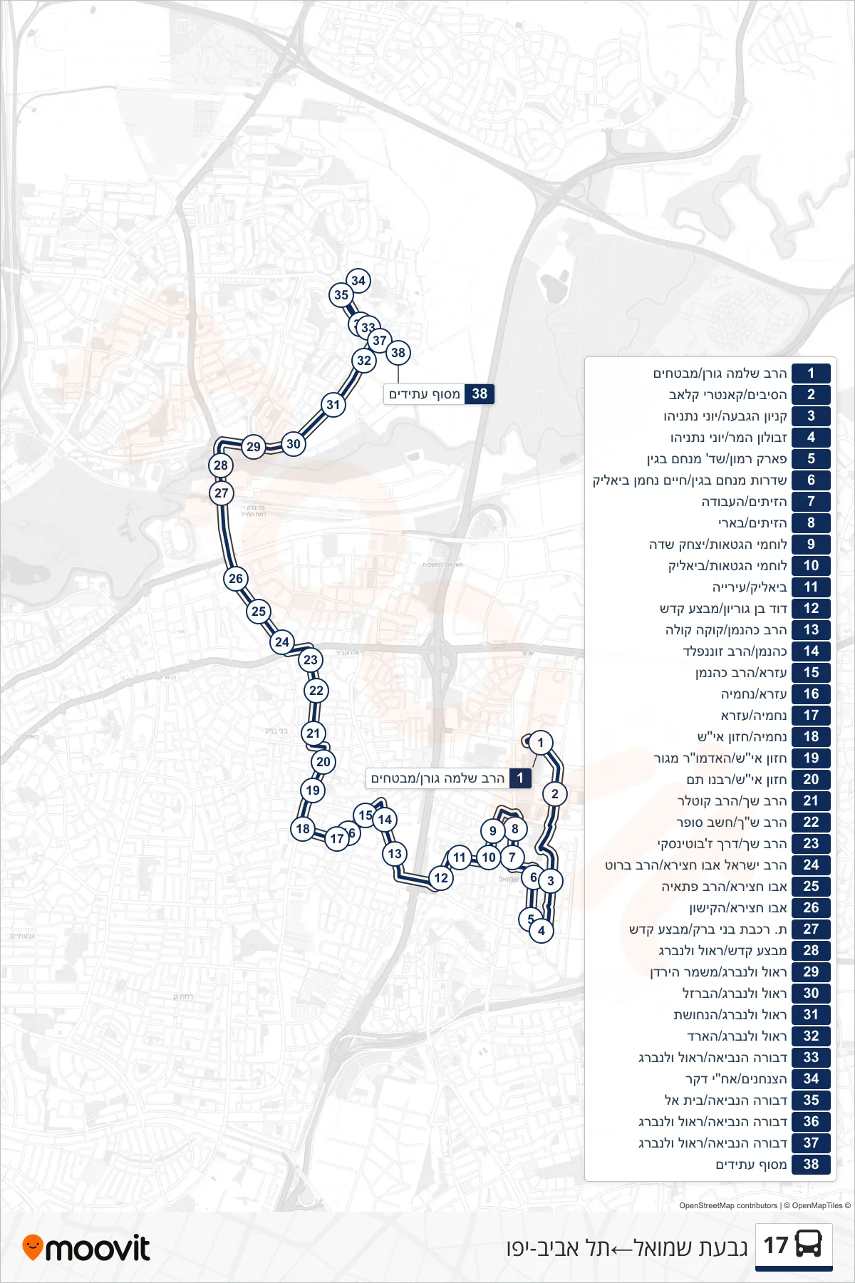 17 bus Line (Givat Shmuel‎→Tel Aviv-Yafo) route and stops on a map