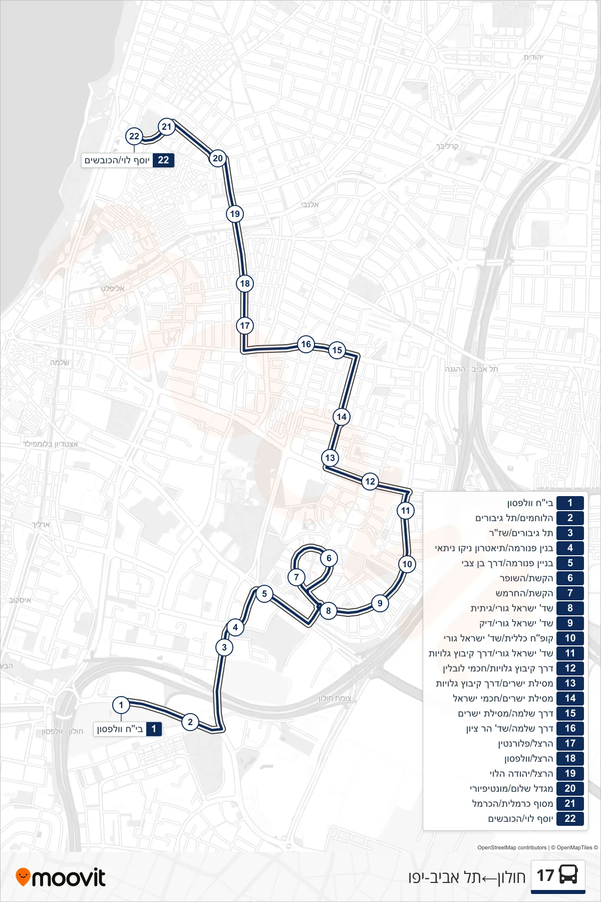 17 bus Line (Holon‎→Tel Aviv-Yafo) route and stops on a map