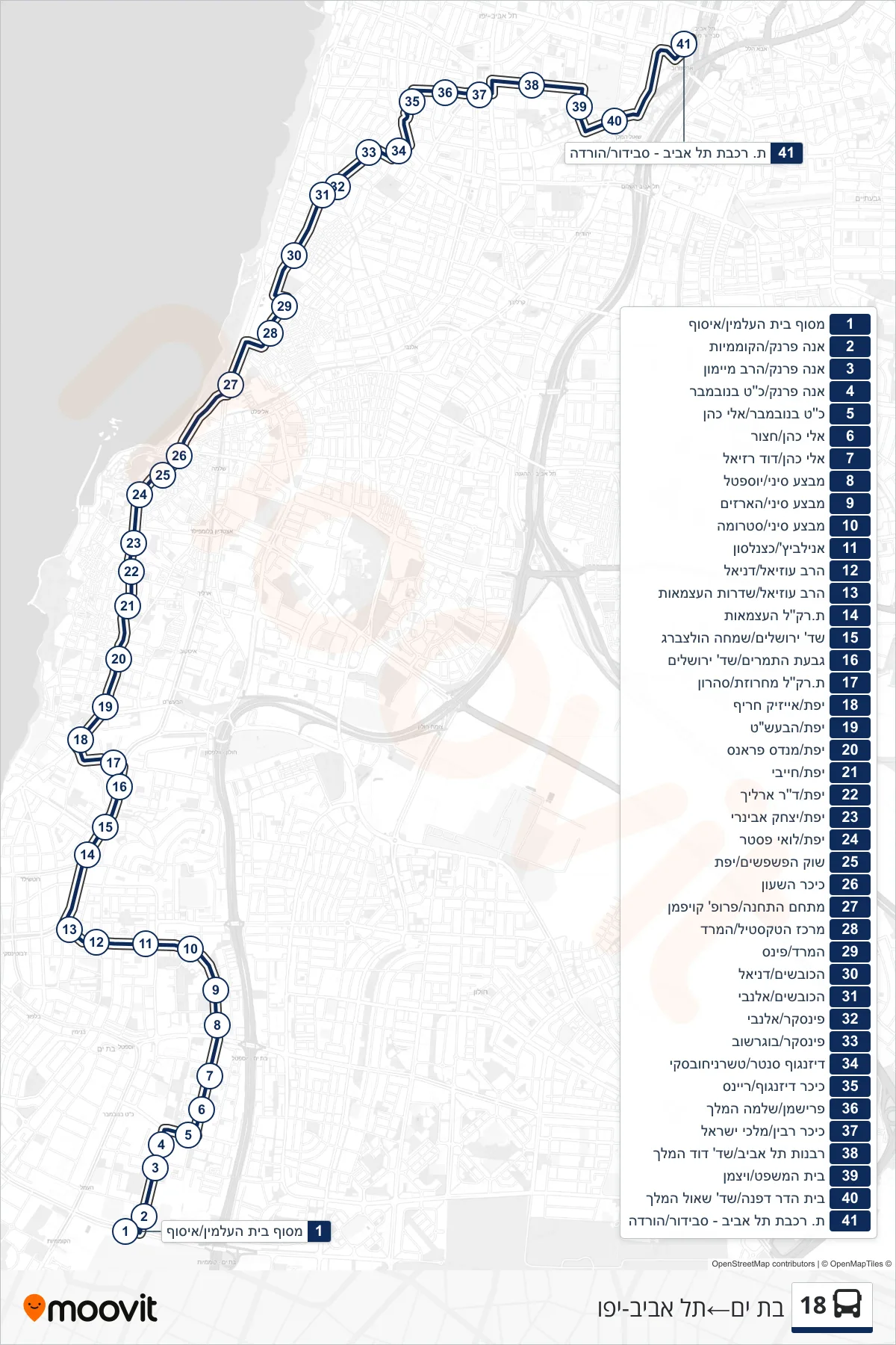 18  Line (Bat Yam‎→Tel Aviv-Yafo) route and stops on a map