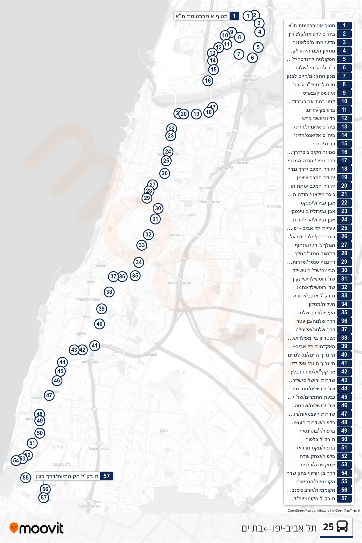 25  Line (Tel Aviv-Yafo‎→Bat Yam) route and stops on a map