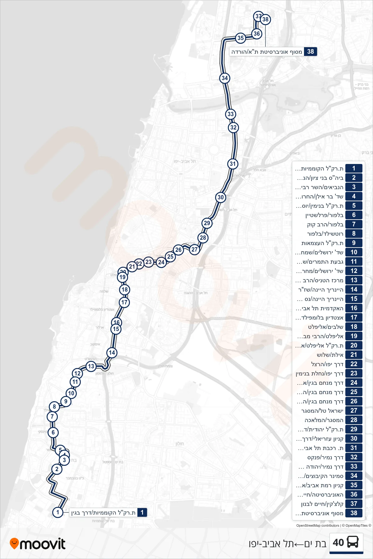 40 bus Line (Bat Yam‎→Tel Aviv-Yafo) route and stops on a map