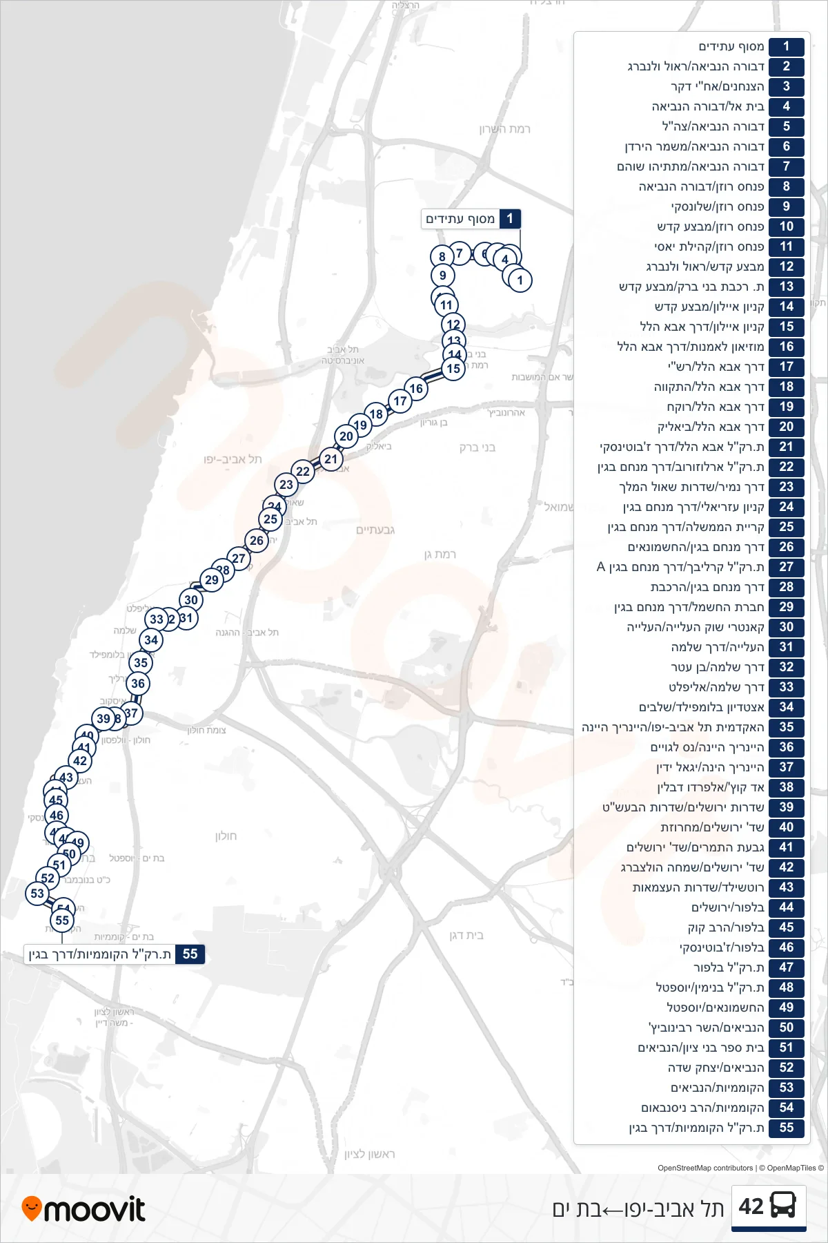 42 bus Line (Tel Aviv-Yafo‎→Bat Yam) route and stops on a map