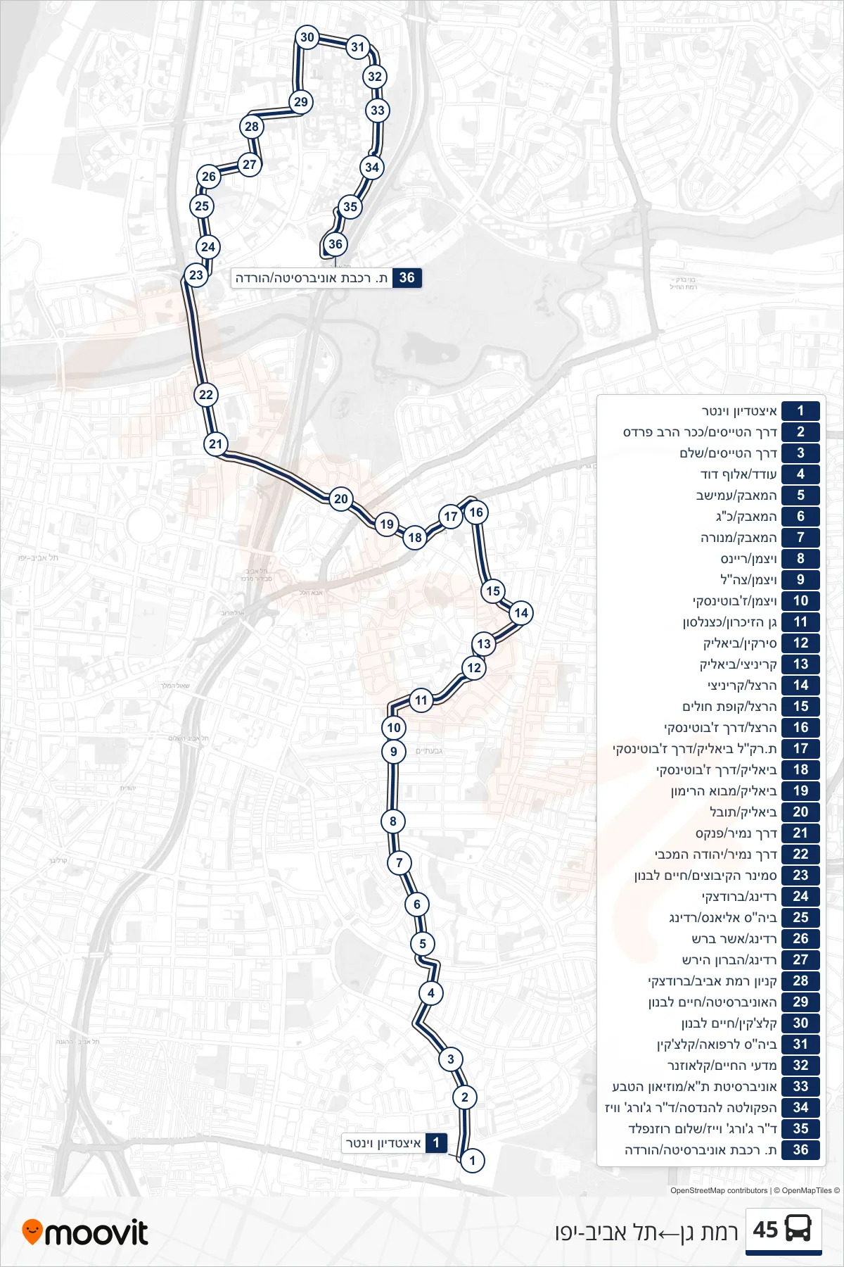 45 bus Line (Ramat Gan‎→Tel Aviv-Yafo) route and stops on a map
