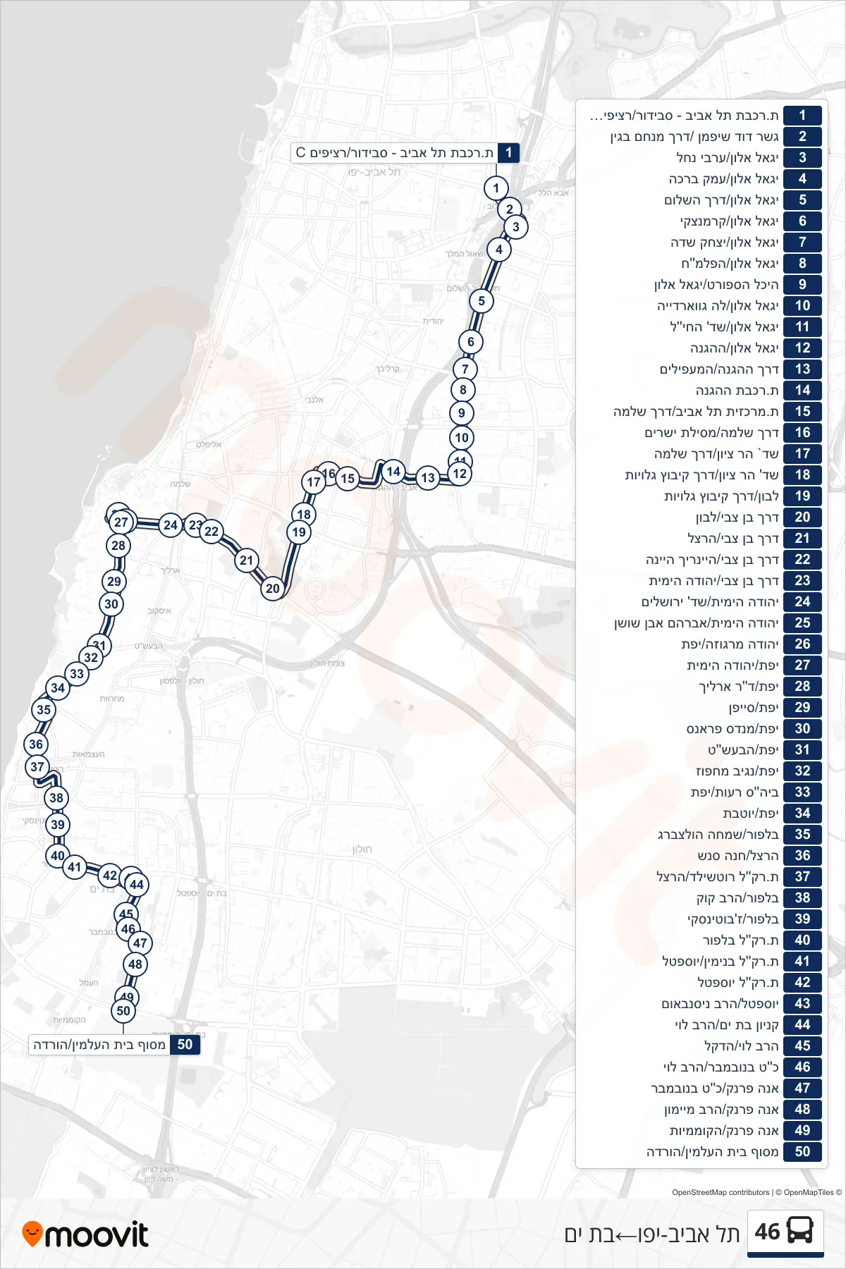 46  Line (Tel Aviv-Yafo‎→Bat Yam) route and stops on a map