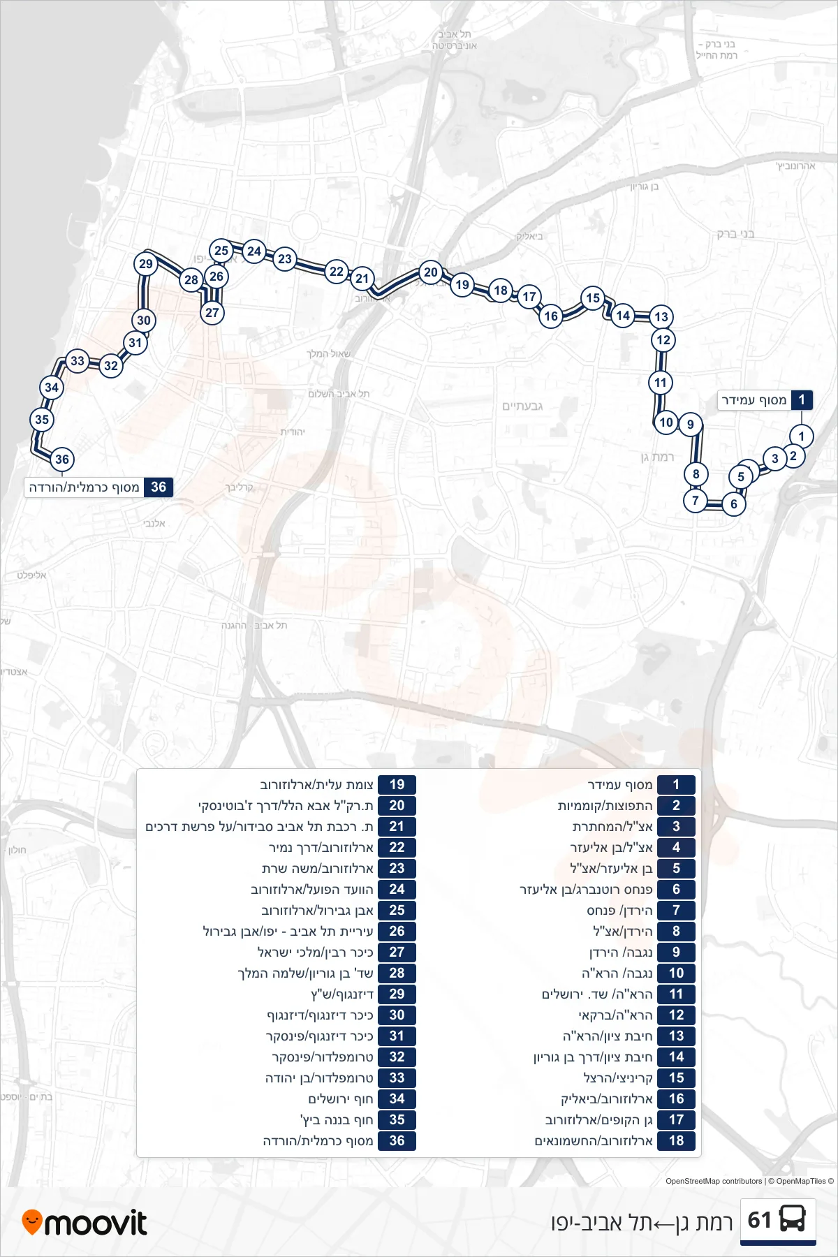 61 bus Line (Ramat Gan‎→Tel Aviv-Yafo) route and stops on a map