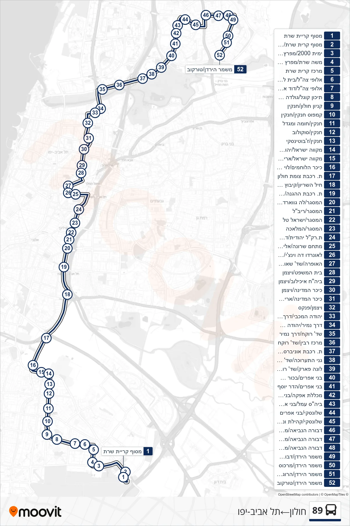 89 bus Line (Holon‎→Tel Aviv-Yafo) route and stops on a map