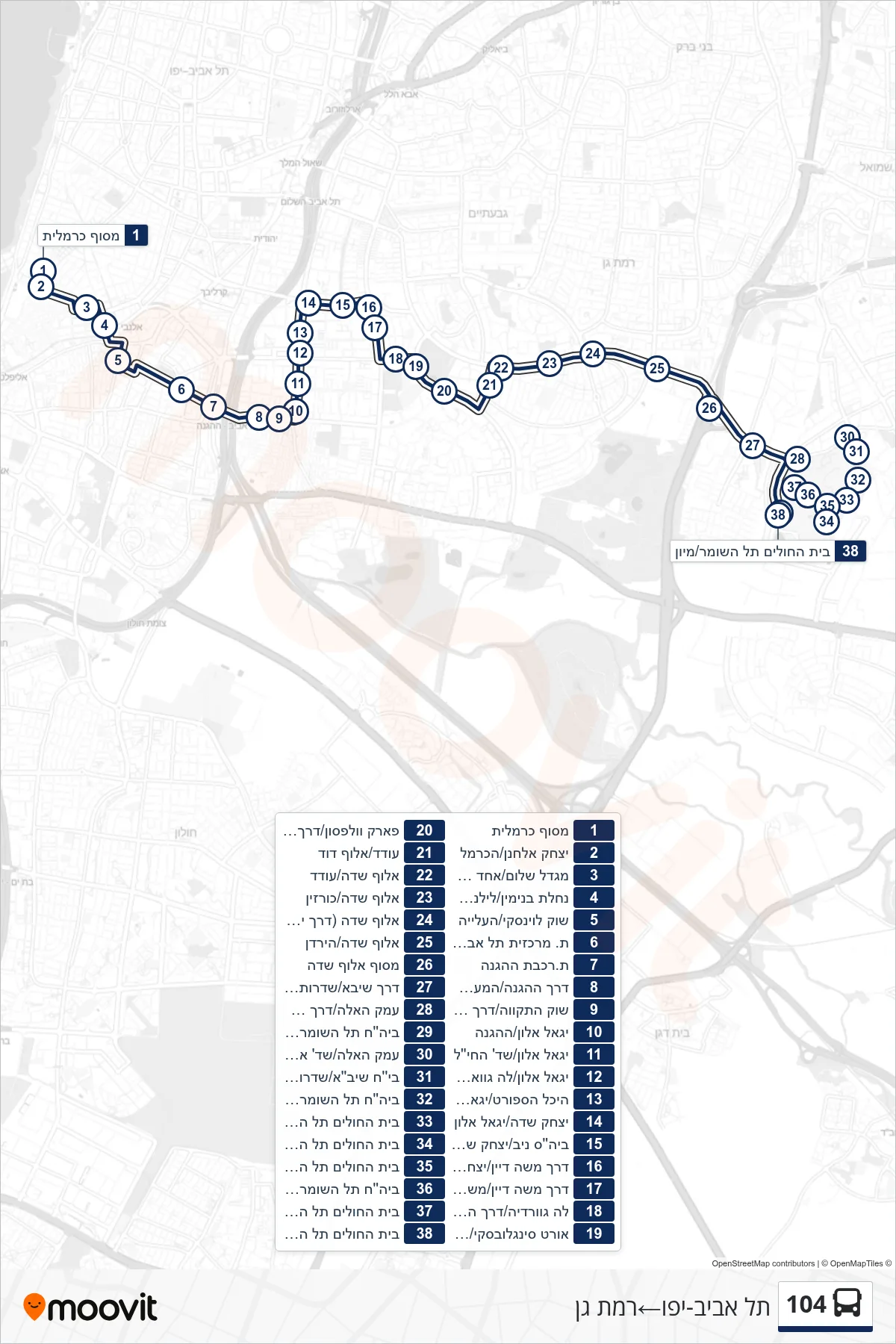 104  Line (Tel Aviv-Yafo‎→Ramat Gan) route and stops on a map