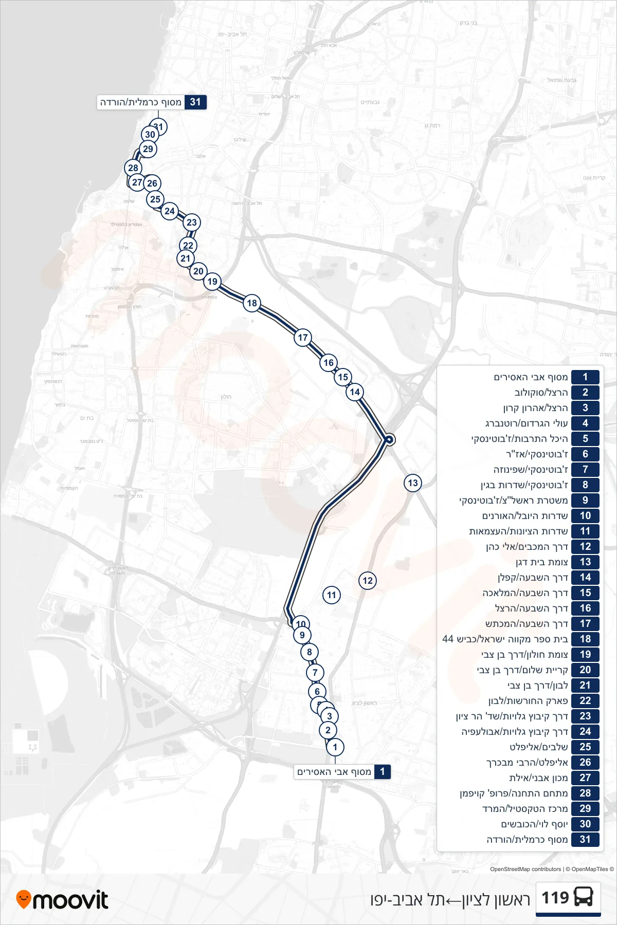119 bus Line (Rishon LeZion‎→Tel Aviv-Yafo) route and stops on a map